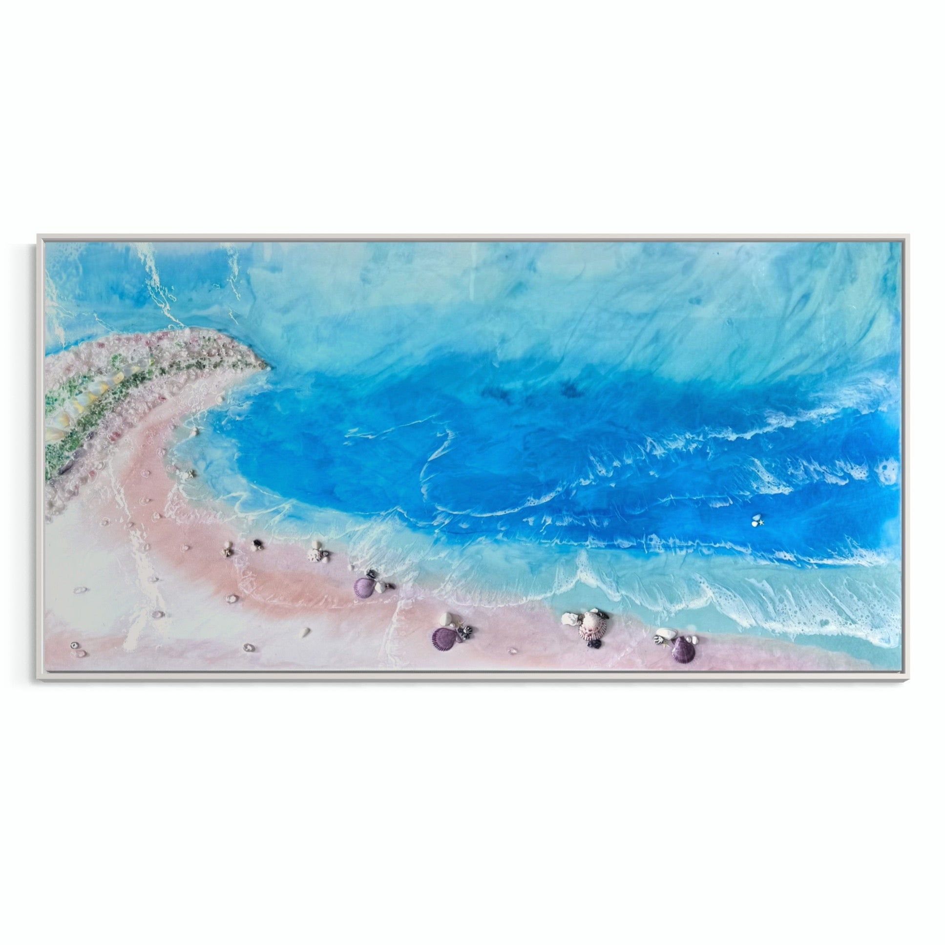 Ocean Artwork. BOUNTY DREAM with roze quartz crystals 75x150cm. FRAMED