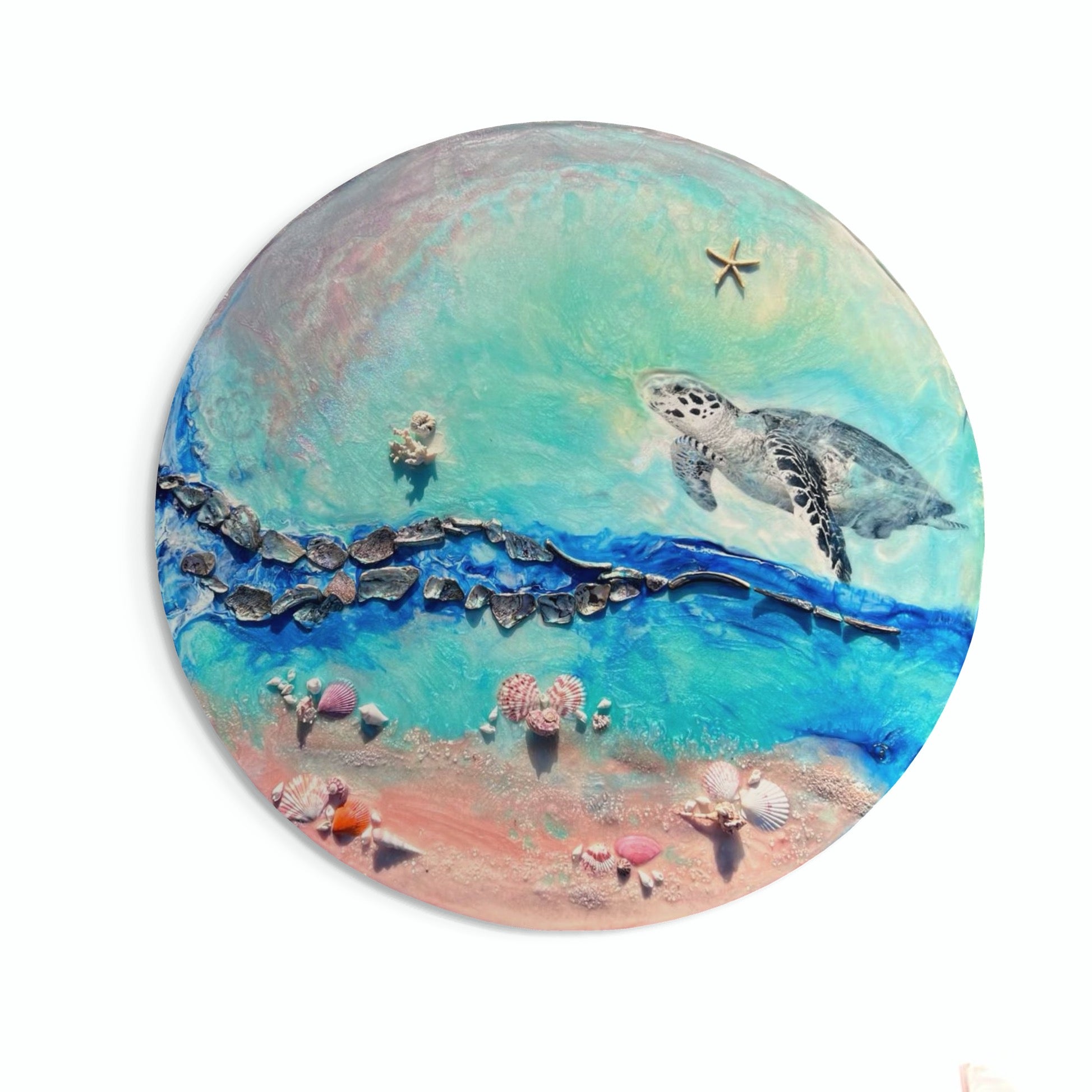Green Round Turtle Artwork.Bounty Turtle 3.0. Australian Seascape. 90x90cm