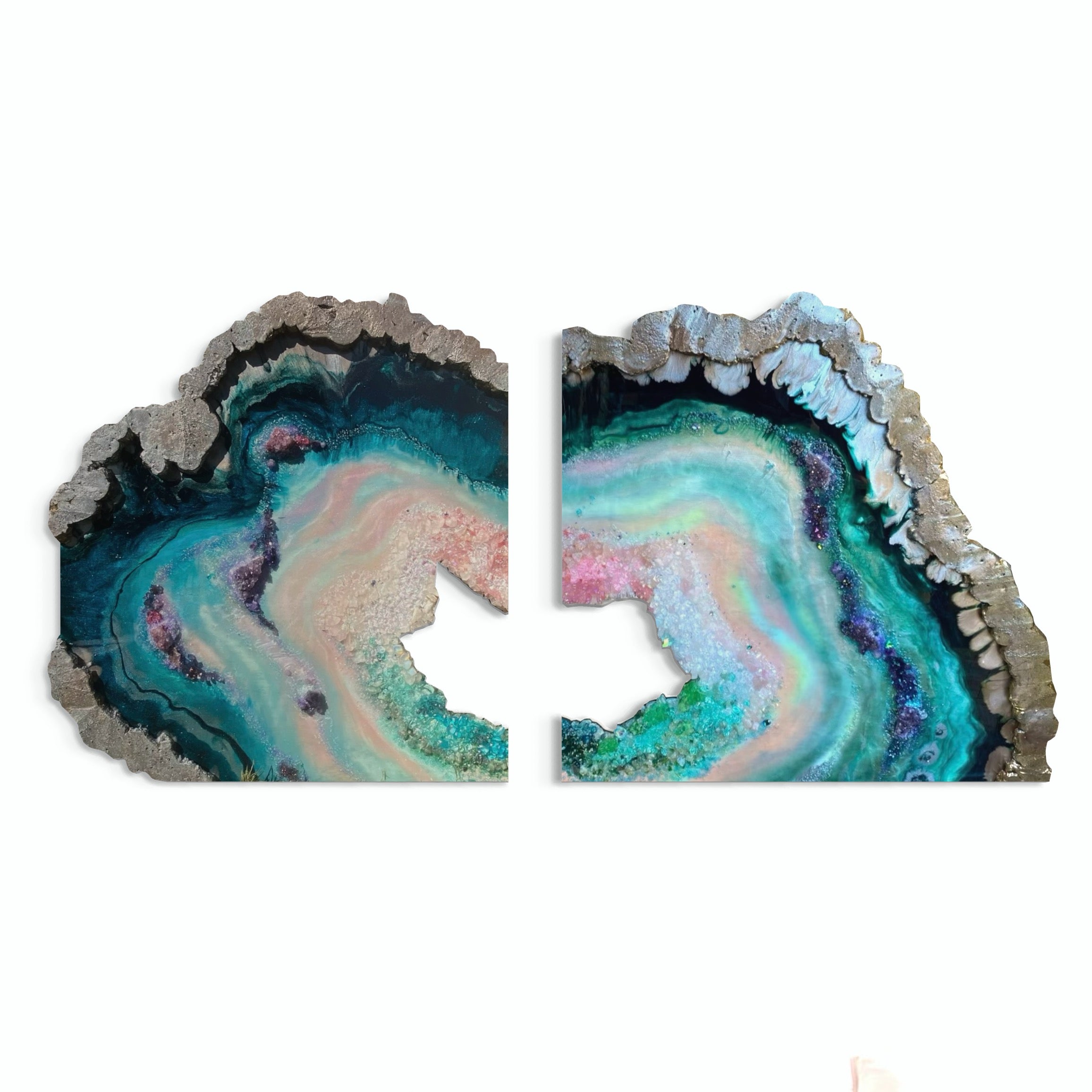 BedHead Elixir Green Blue Crystal Reef Freeform Artwork with Amethysts, Rose Quartz, set of 2 - 120x240cm with pink LED backlight