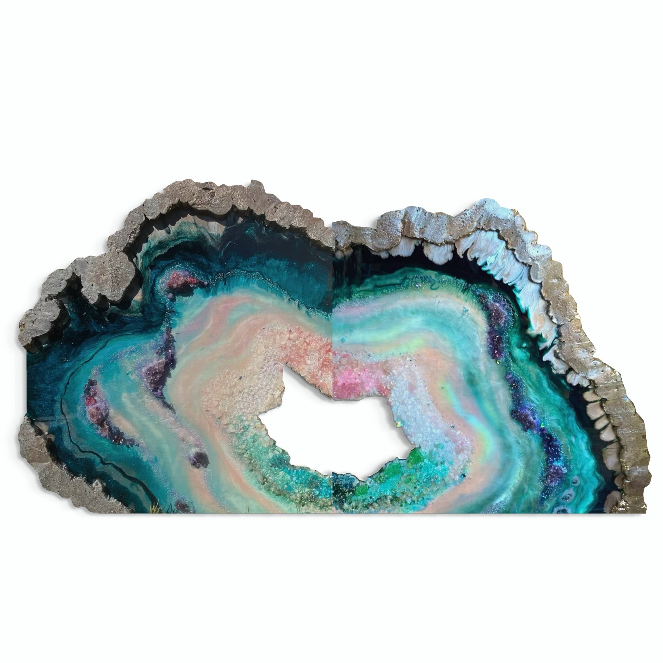 BedHead Elixir Green Blue Crystal Reef Freeform Artwork with Amethysts, Rose Quartz, set of 2 - 120x240cm with pink LED backlight