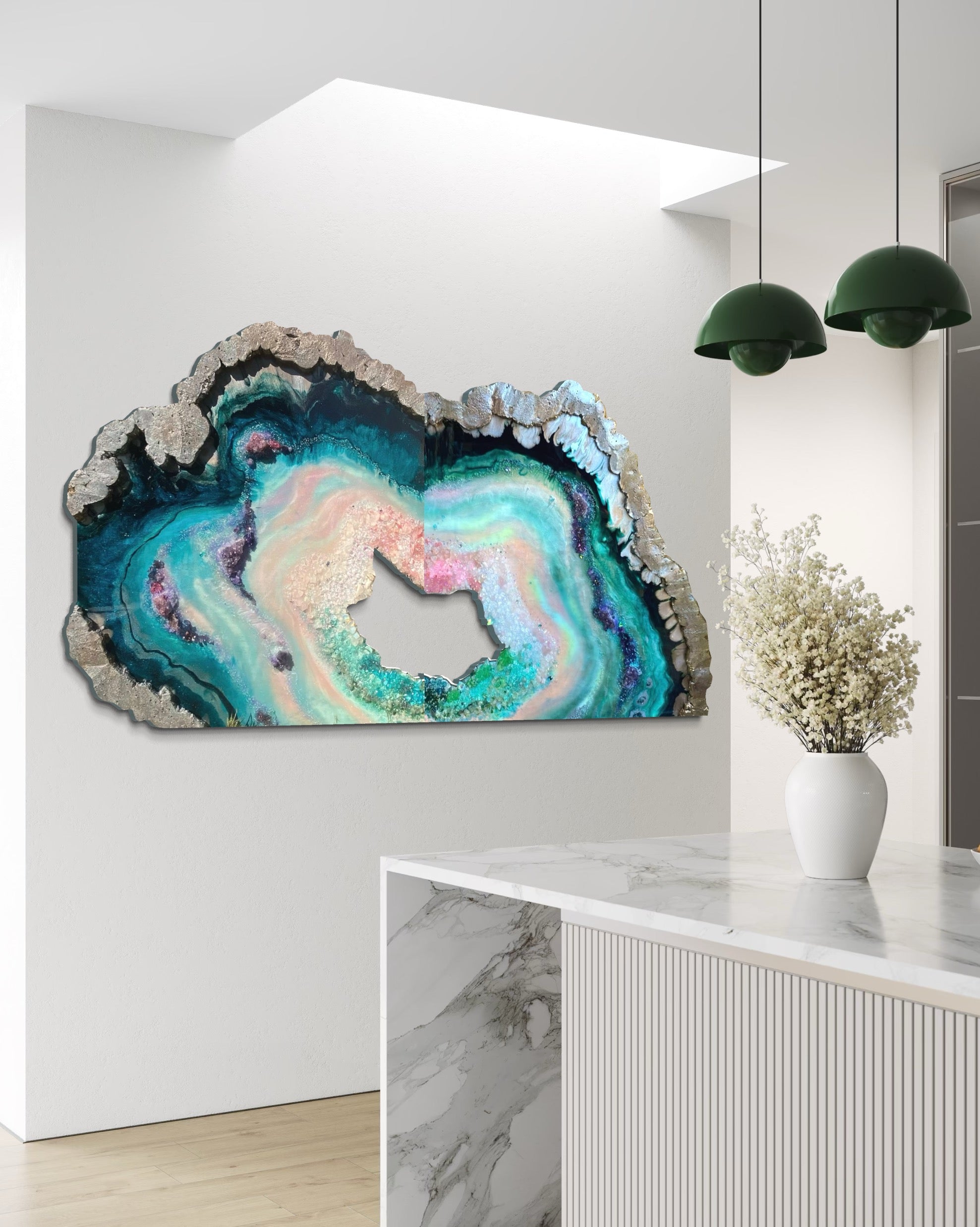 BedHead Elixir Green Blue Crystal Reef Freeform Artwork with Amethysts, Rose Quartz, set of 2 - 120x240cm with pink LED backlight