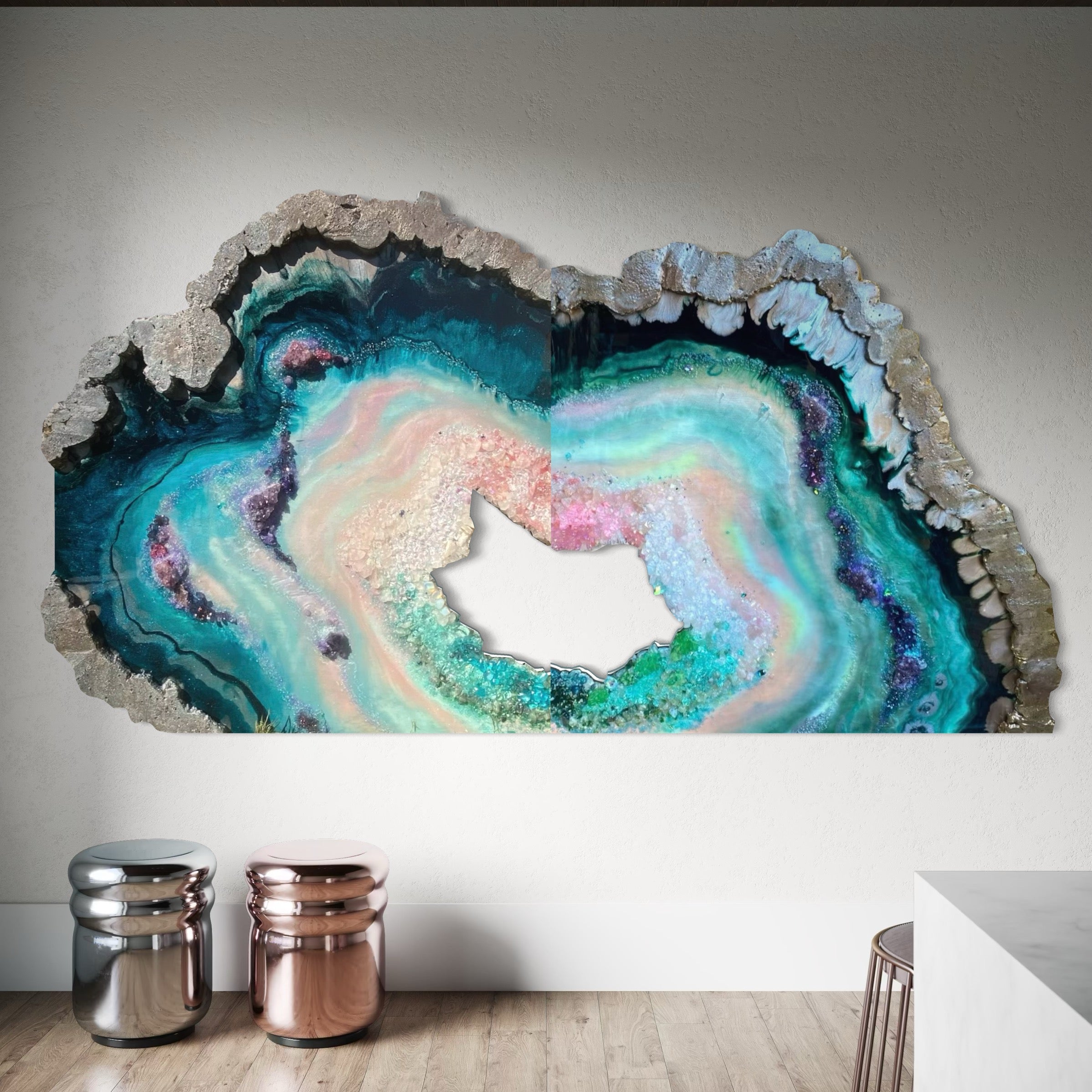 BedHead Elixir Green Blue Crystal Reef Freeform Artwork with Amethysts, Rose Quartz, set of 2 - 120x240cm with pink LED backlight