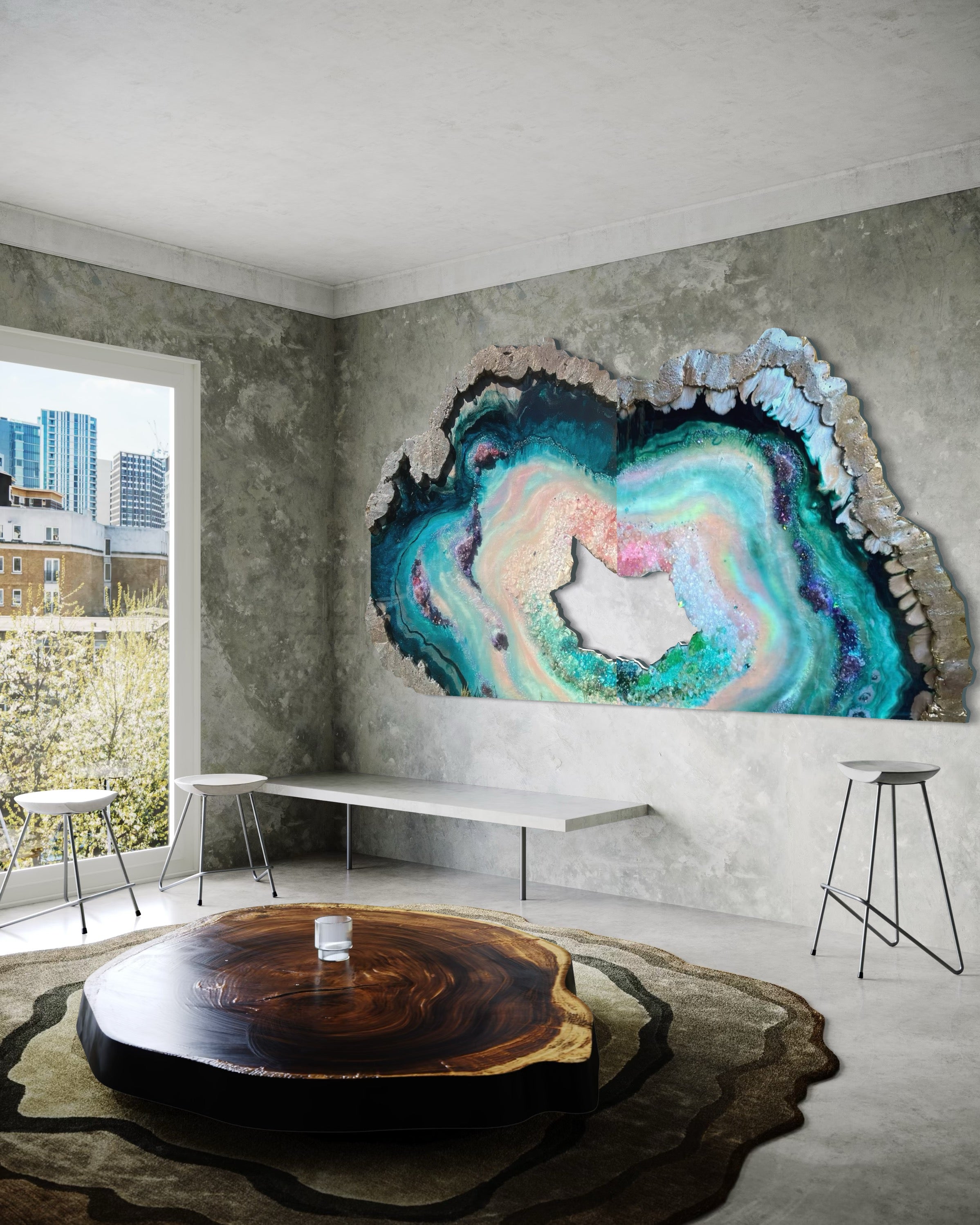 BedHead Elixir Green Blue Crystal Reef Freeform Artwork with Amethysts, Rose Quartz, set of 2 - 120x240cm with pink LED backlight