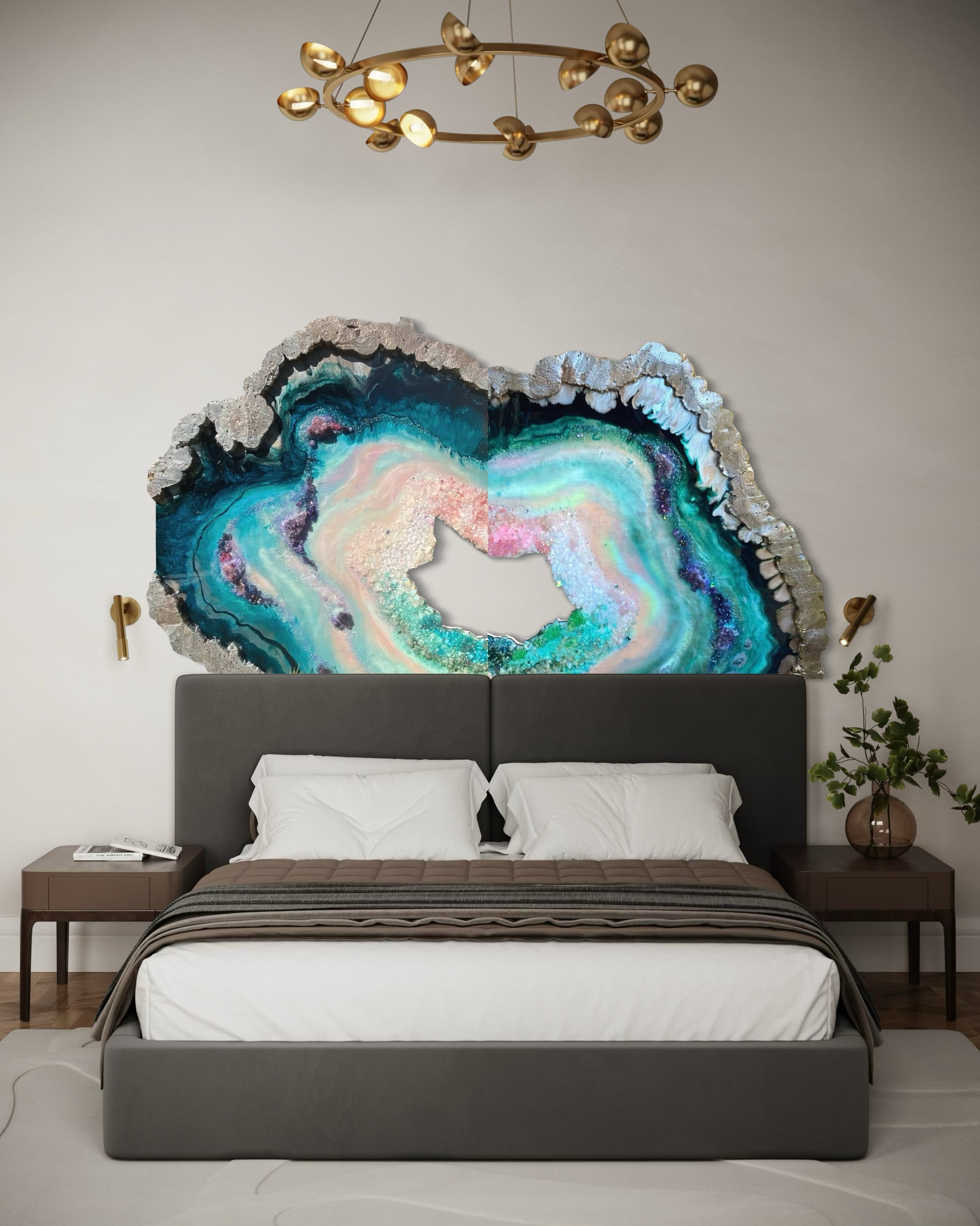 BedHead Elixir Green Blue Crystal Reef Freeform Artwork with Amethysts, Rose Quartz, set of 2 - 120x240cm with pink LED backlight