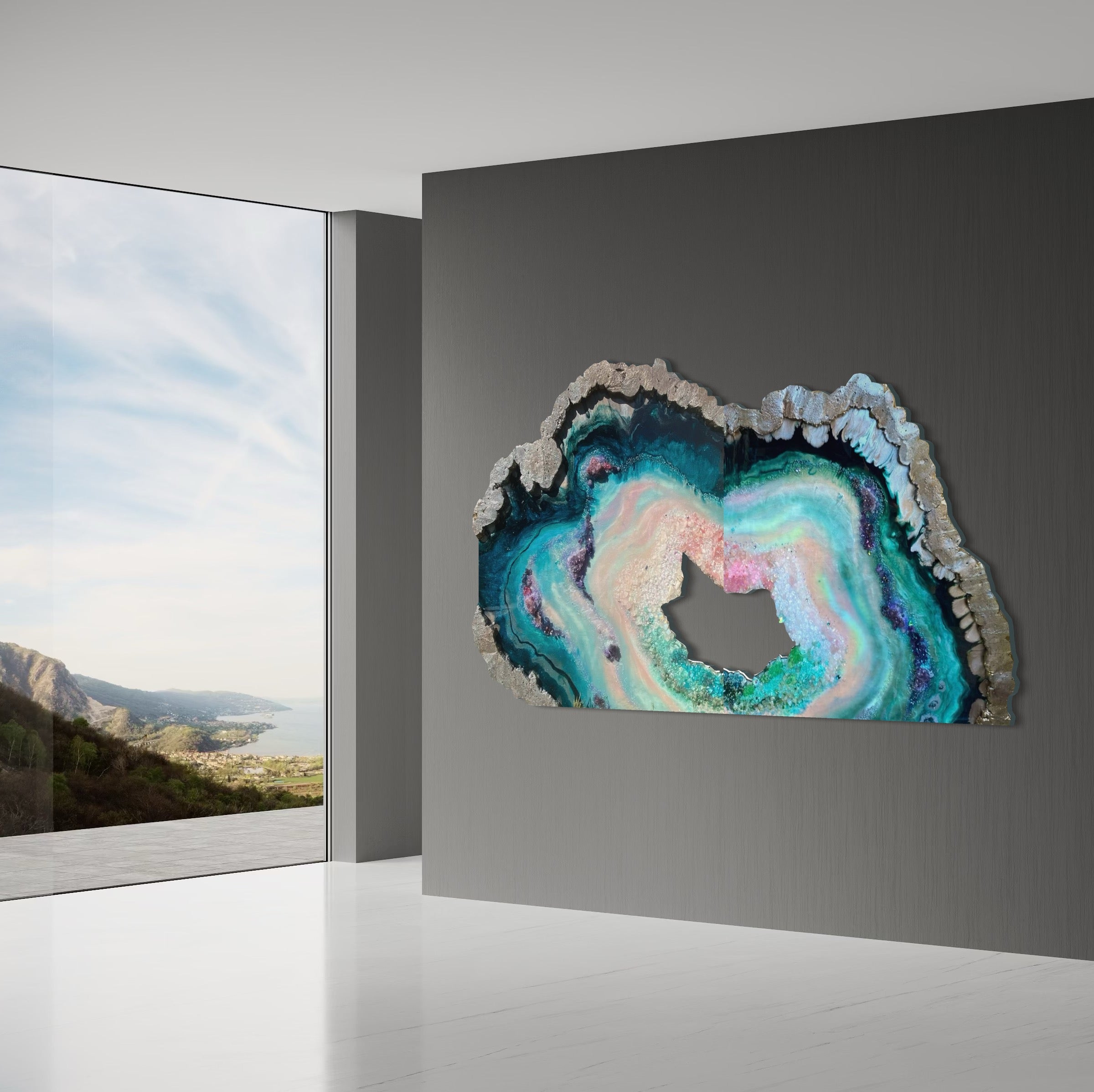 BedHead Elixir Green Blue Crystal Reef Freeform Artwork with Amethysts, Rose Quartz, set of 2 - 120x240cm with pink LED backlight