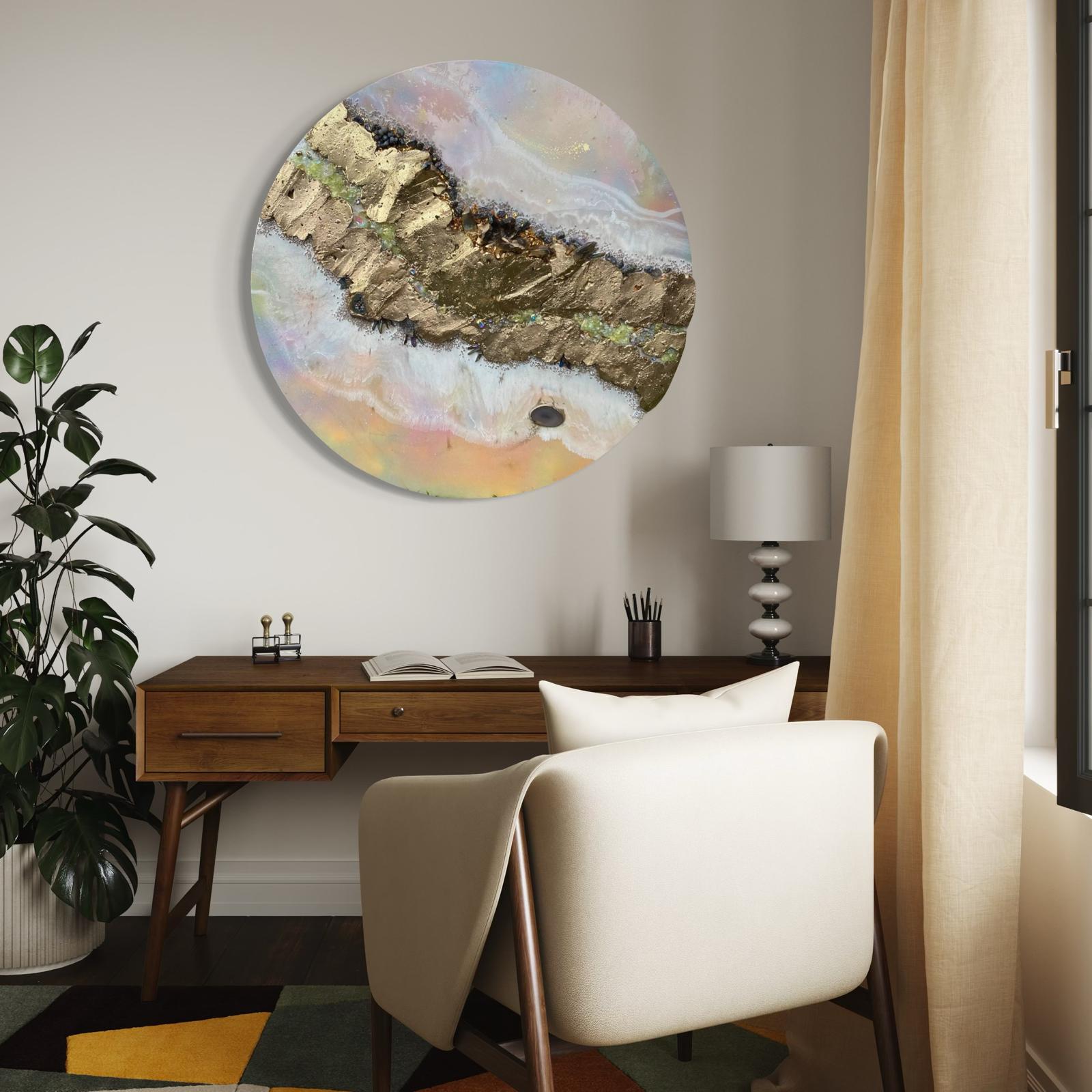 Pink Saturn shadow Quartz and Swarovski crystal artwork 110cm