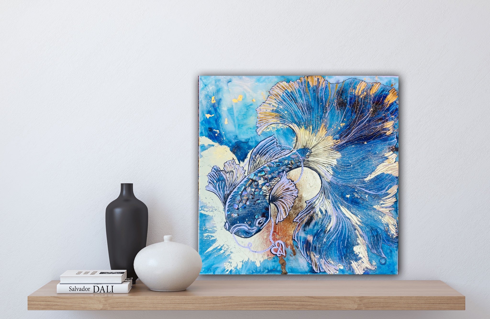 Blue Fish Artwork. Beta Fighter Fish. Abalone shells in Gold