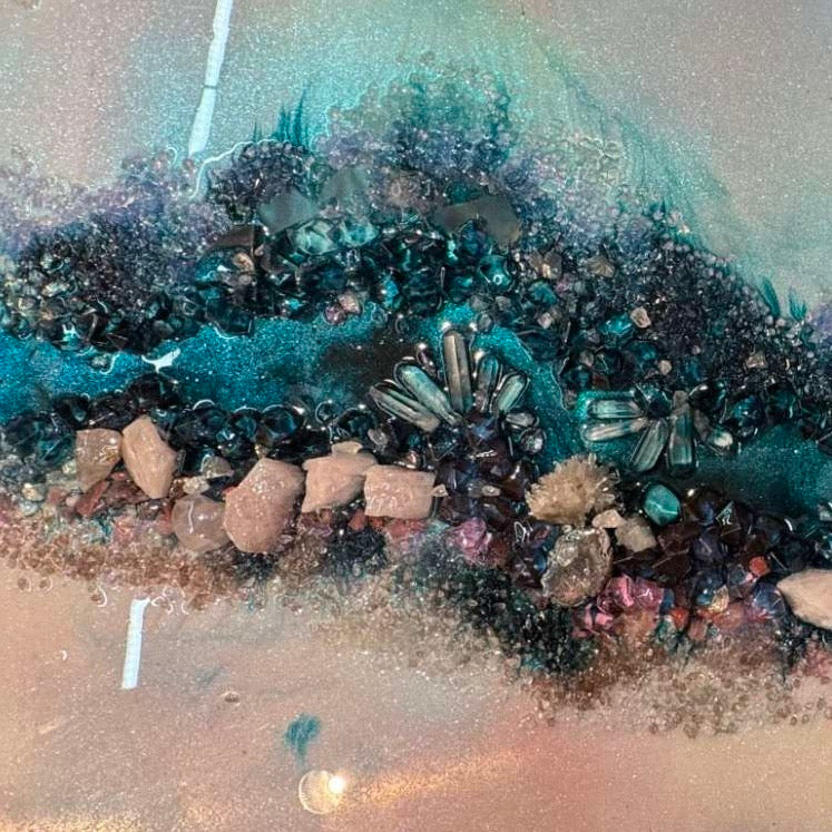 Pink and Blue Crystal Reef - with Rose Quartz, FRAMED 60x90cm
