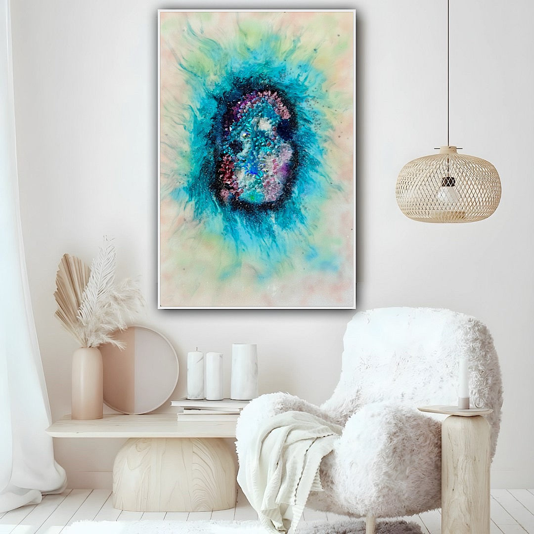 White and Blue Original Crystal Artwork. Coral Garden Quartz, Turquoise, Swarovski, Moonstone. COMMISSION