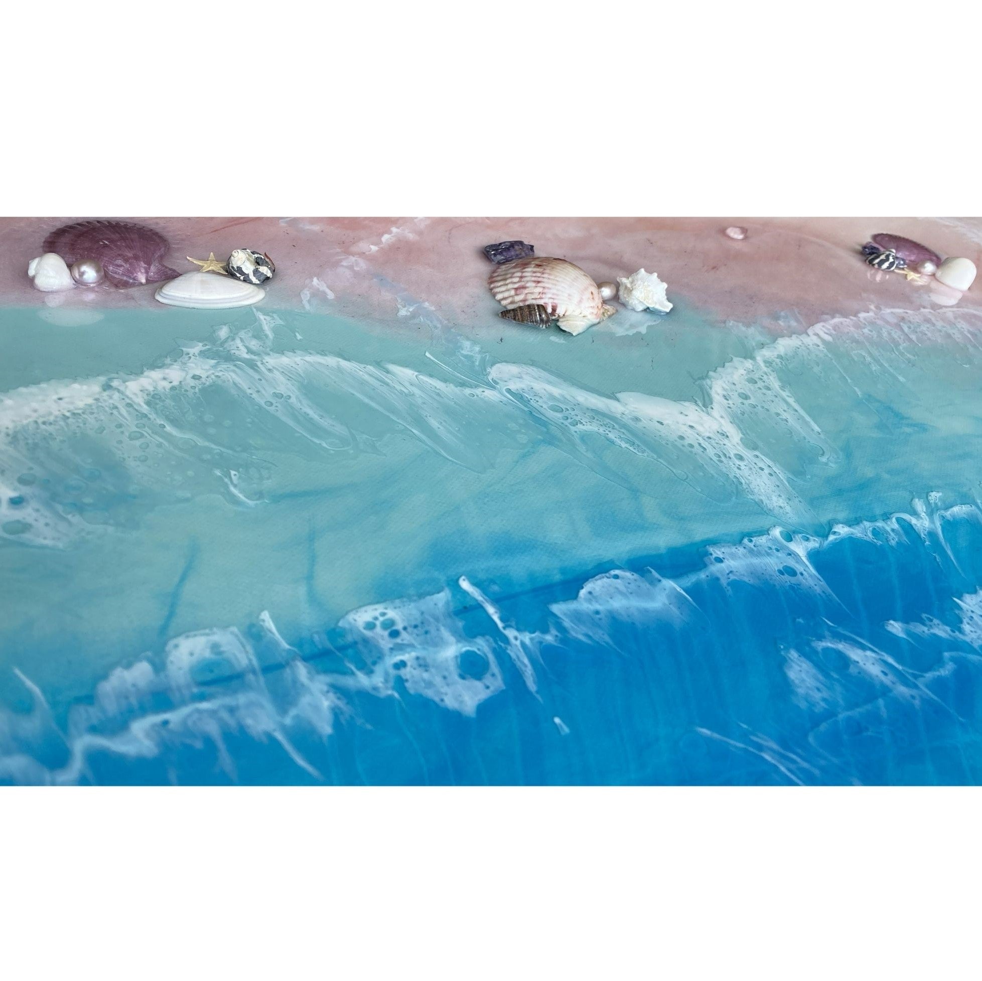 Ocean Artwork. BOUNTY DREAM with roze quartz crystals 75x150cm. FRAMED