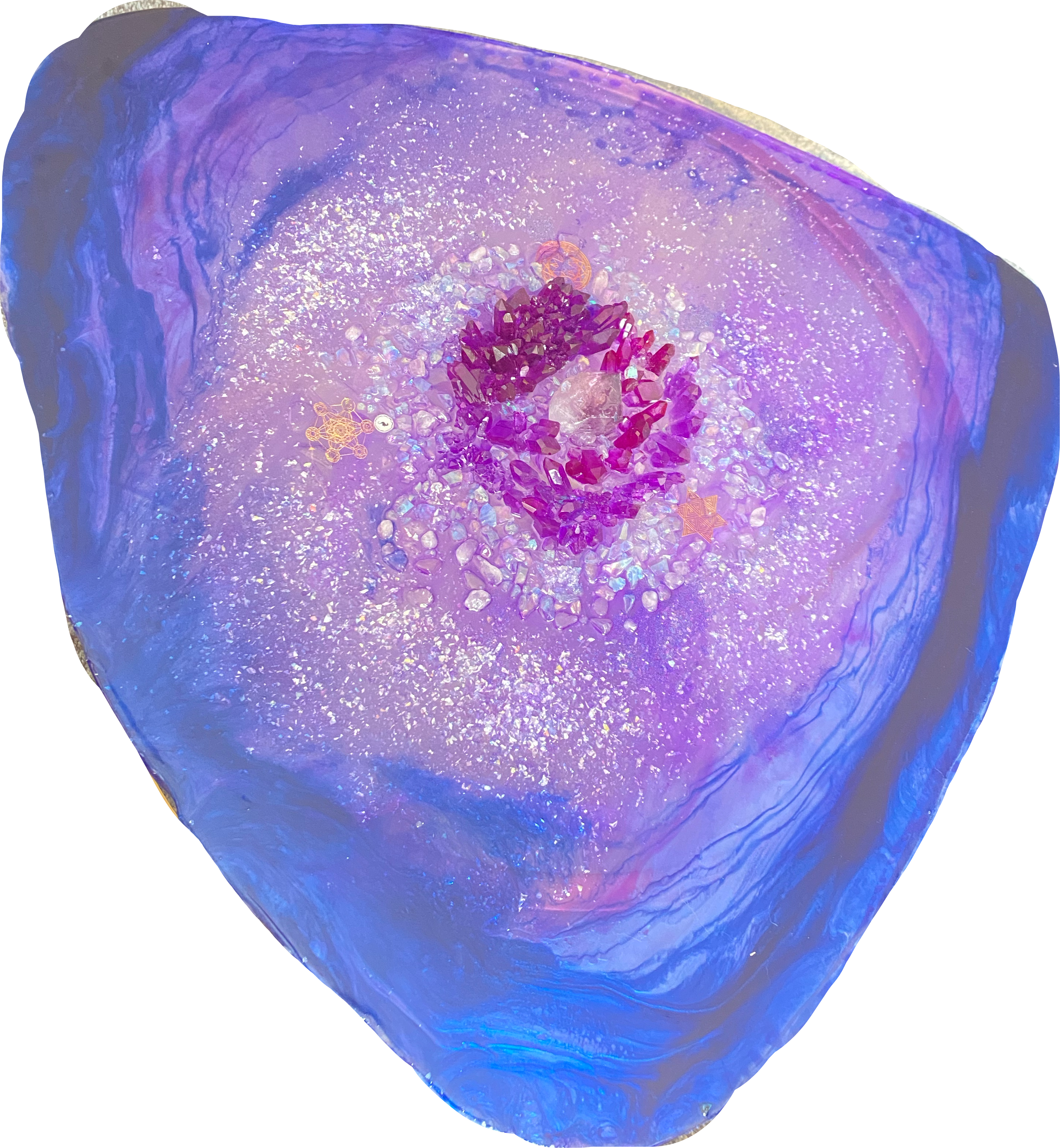Purple amethyst free shape artwork with rose quartz and amethysts crystals. COMMISSION