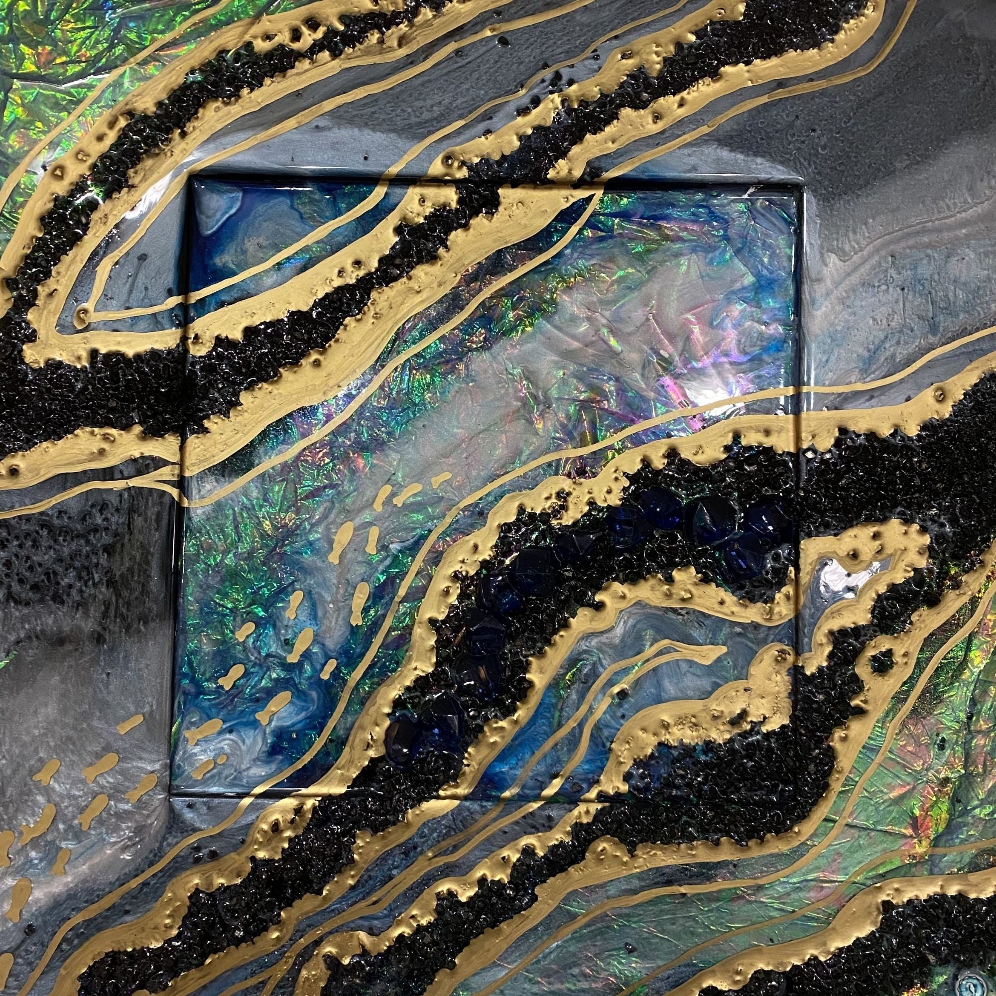 Black and Gold Opal with holographic effect on mirror set of 2