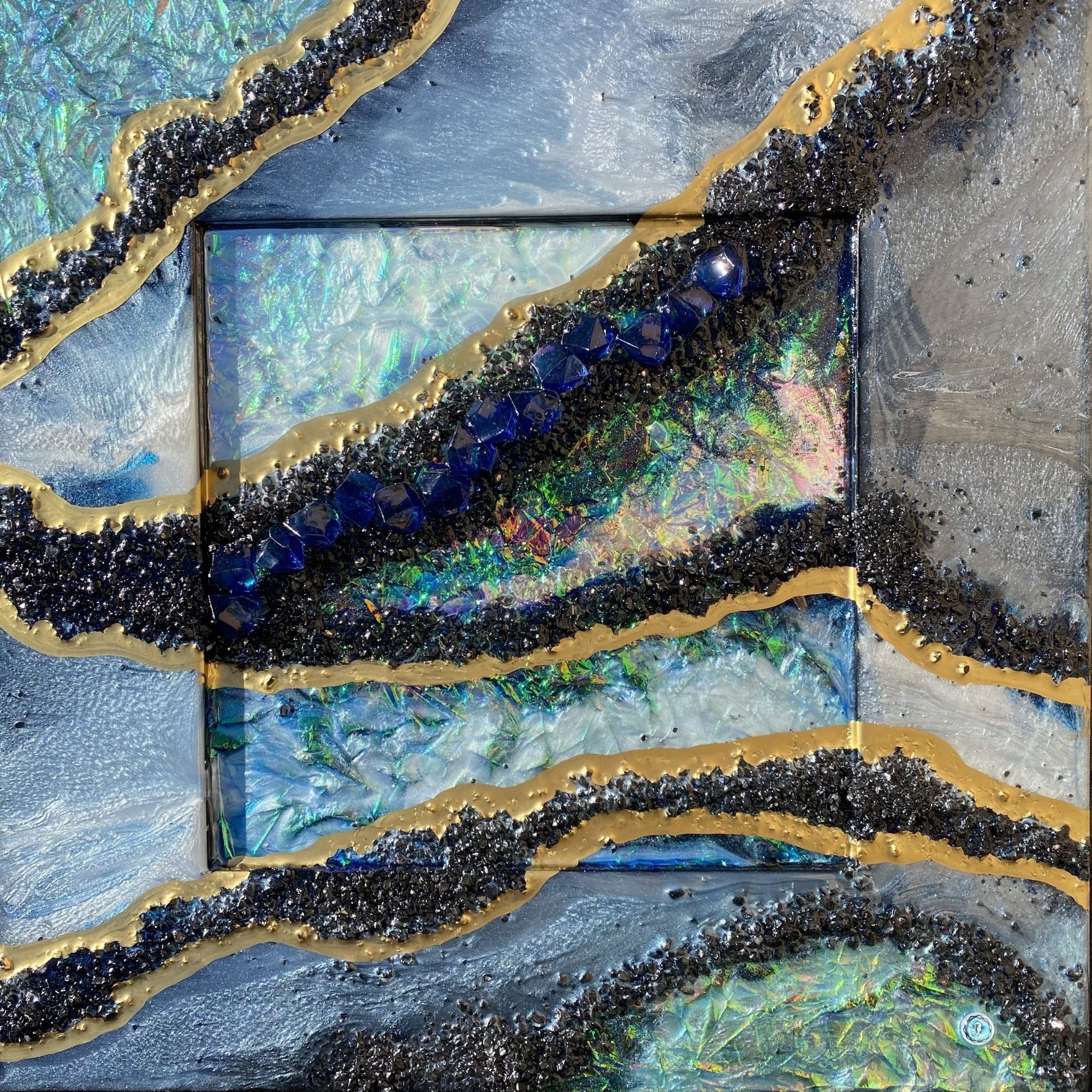 Black and Gold Opal with holographic effect on mirror set of 2. COMMISSION