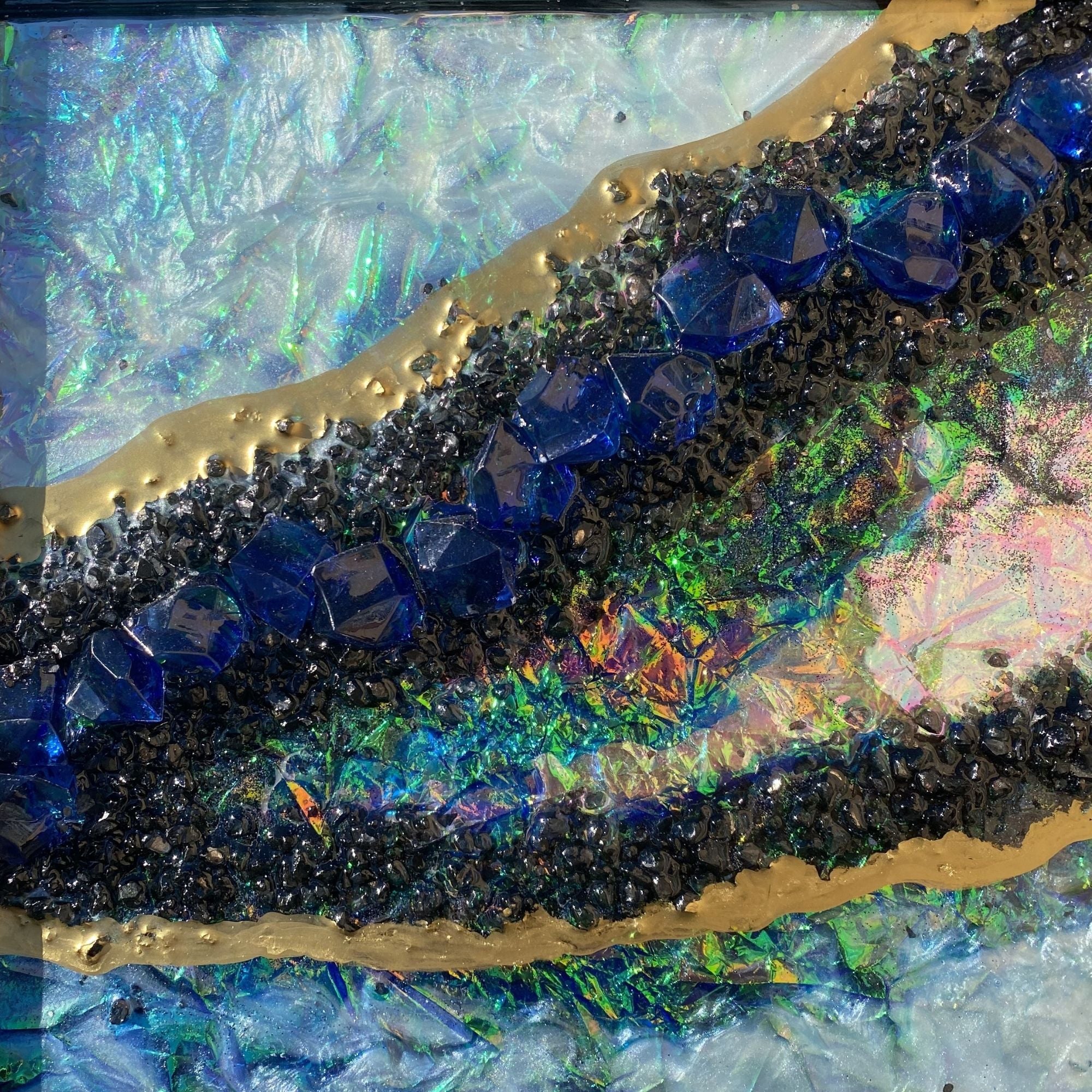 Black and Gold Opal with holographic effect on mirror set of 2. COMMISSION