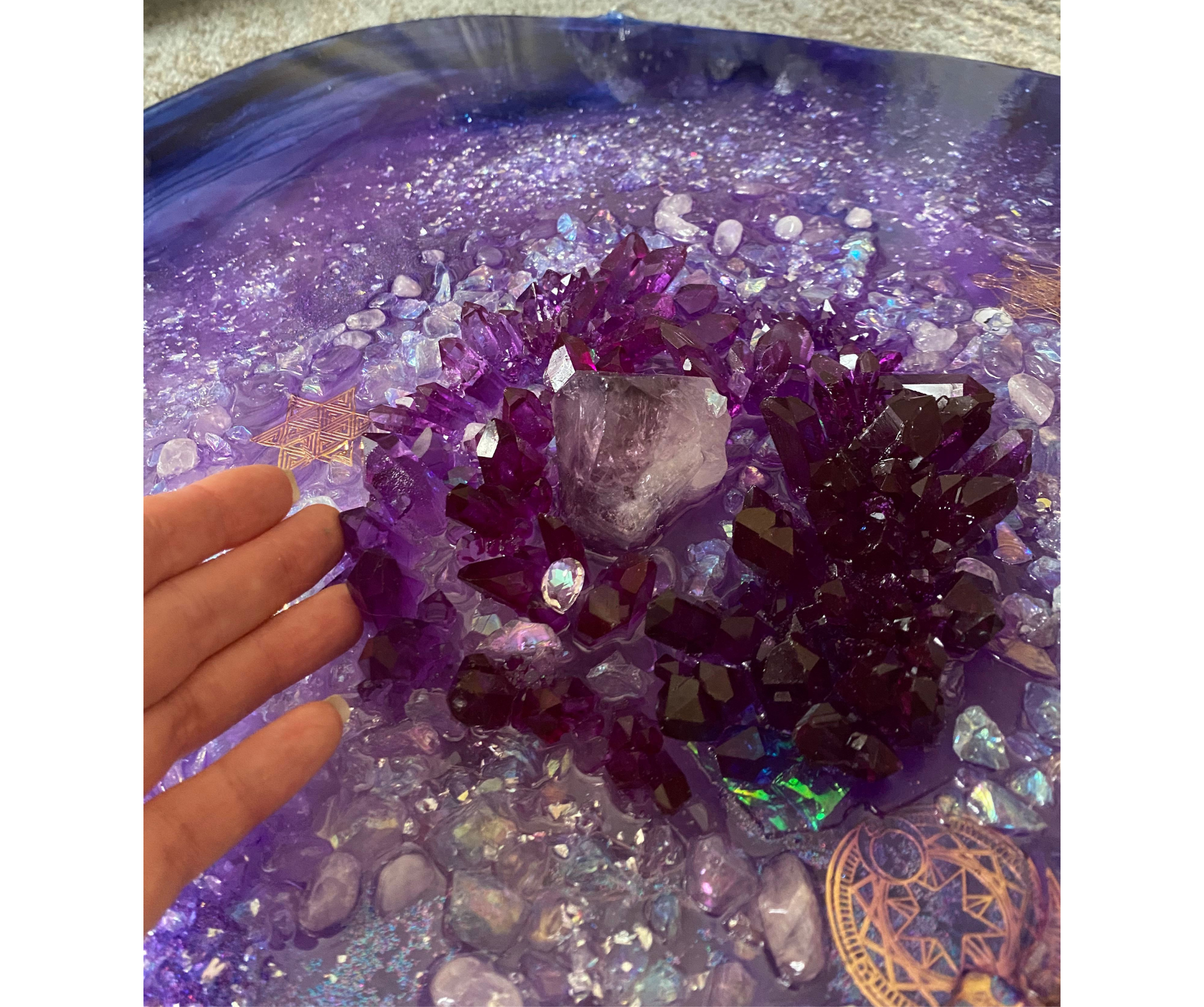 Purple amethyst free shape artwork with rose quartz and amethysts crystals. COMMISSION
