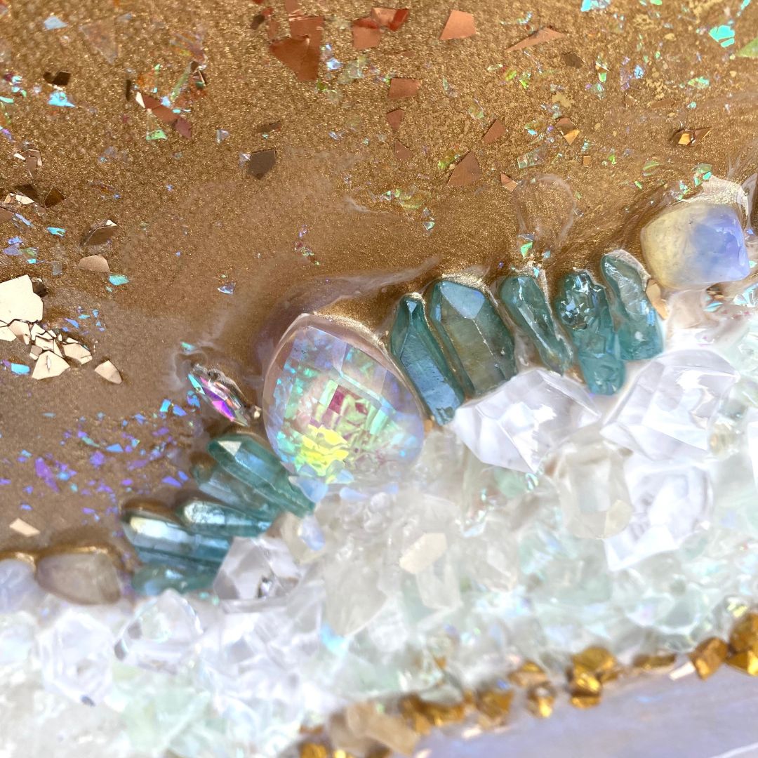Gold Heart with Moonstone, Aqua Aura Quartz, Citrine and Swarovski. COMMISSION