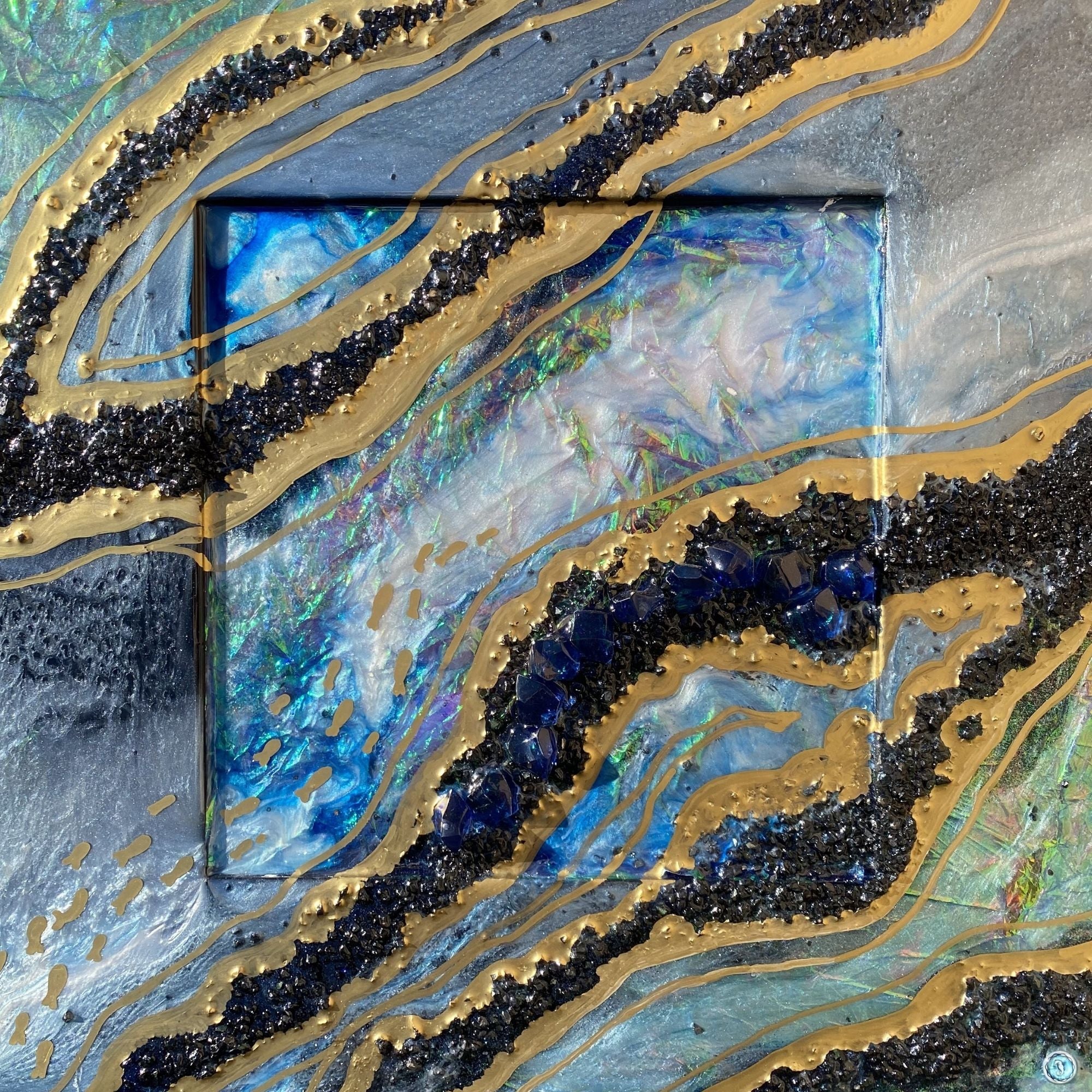 Black and Gold Opal with holographic effect on mirror set of 2. COMMISSION