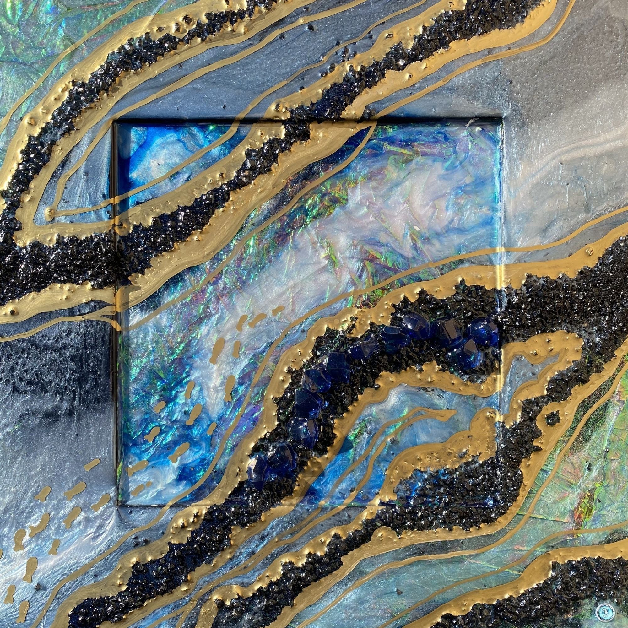 Black and Gold Opal with holographic effect on mirror set of 2. COMMISSION