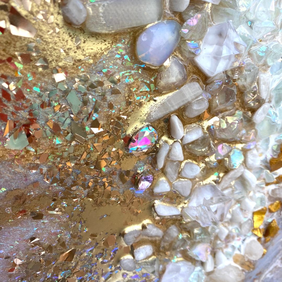Gold Heart with Moonstone, Aqua Aura Quartz, Citrine and Swarovski. COMMISSION