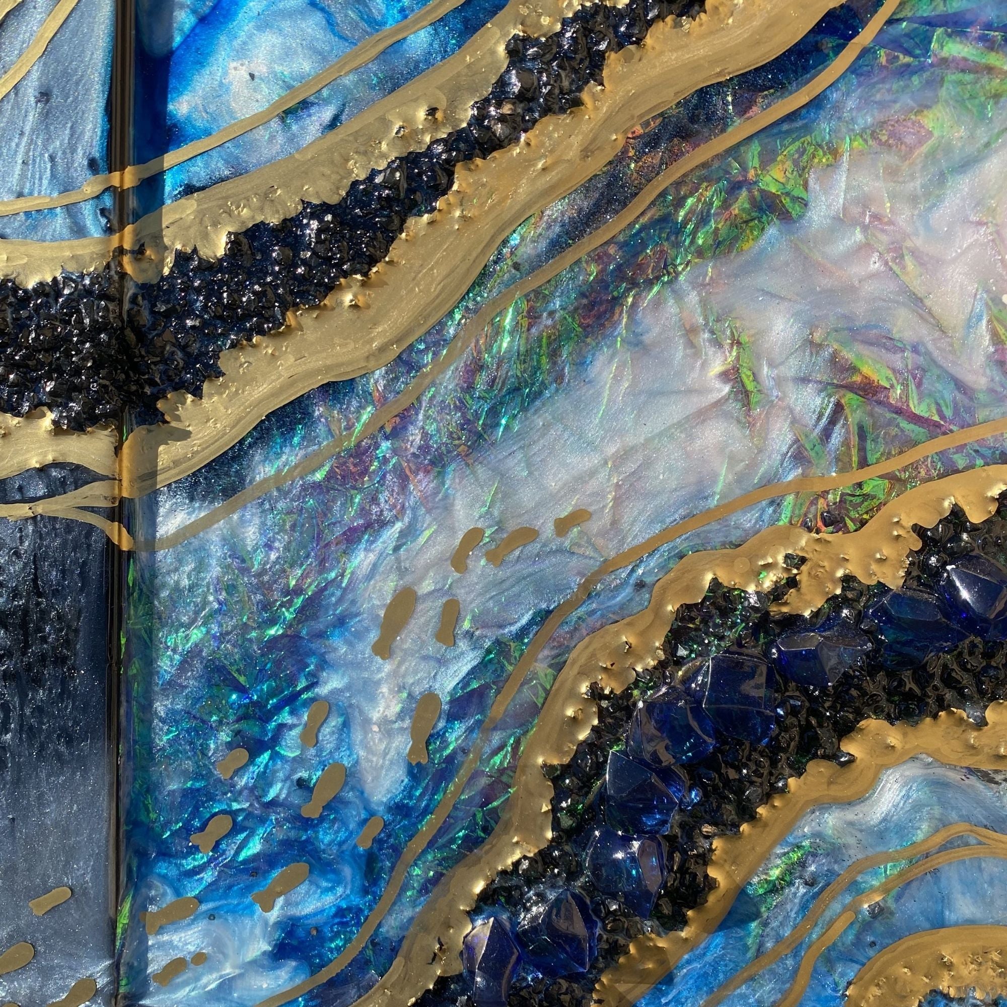 Black and Gold Opal with holographic effect on mirror set of 2. COMMISSION