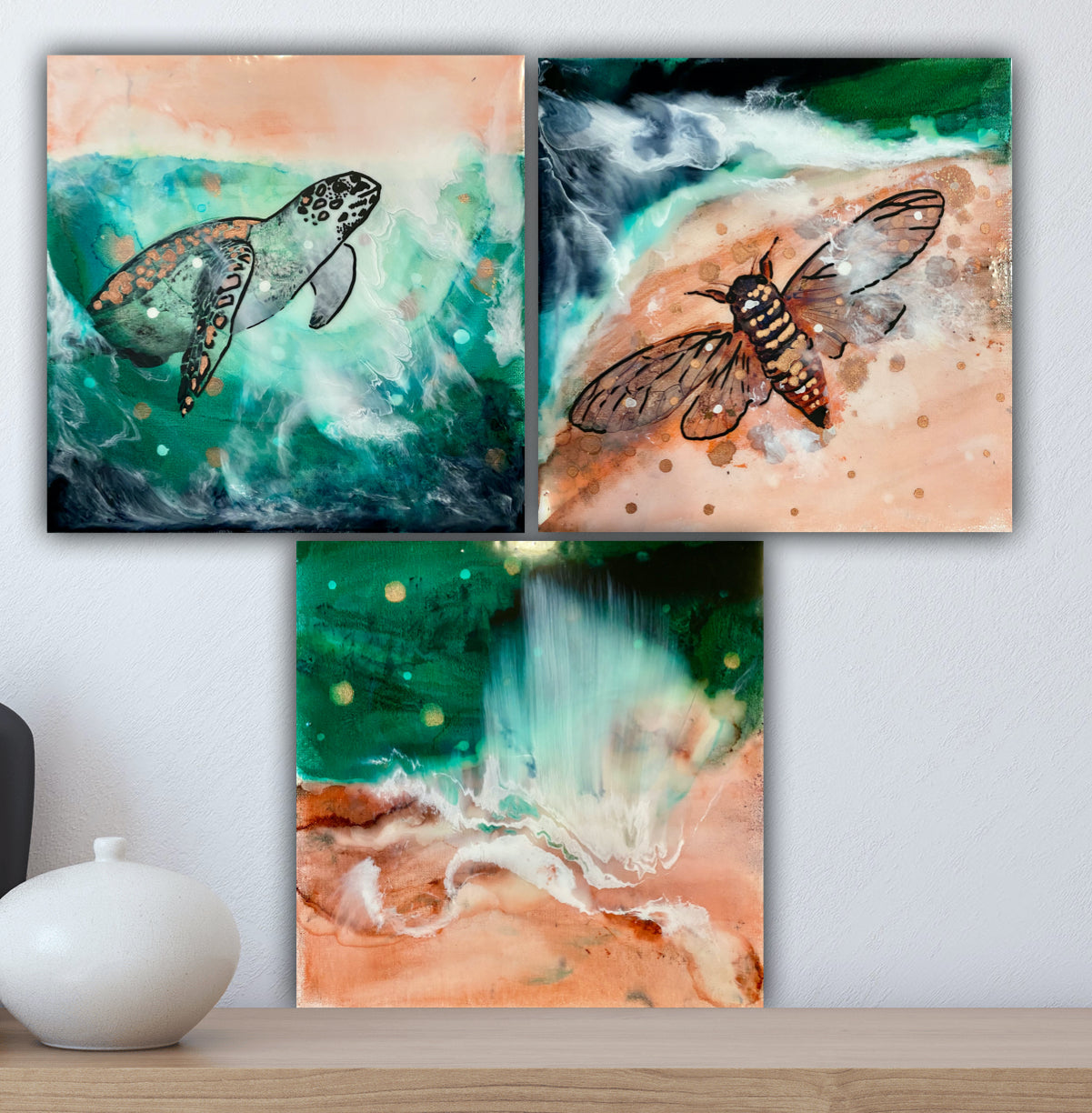 Close to Extinction set of 3 - Ocean Turtle Cicada Original Art- Gallery Wall