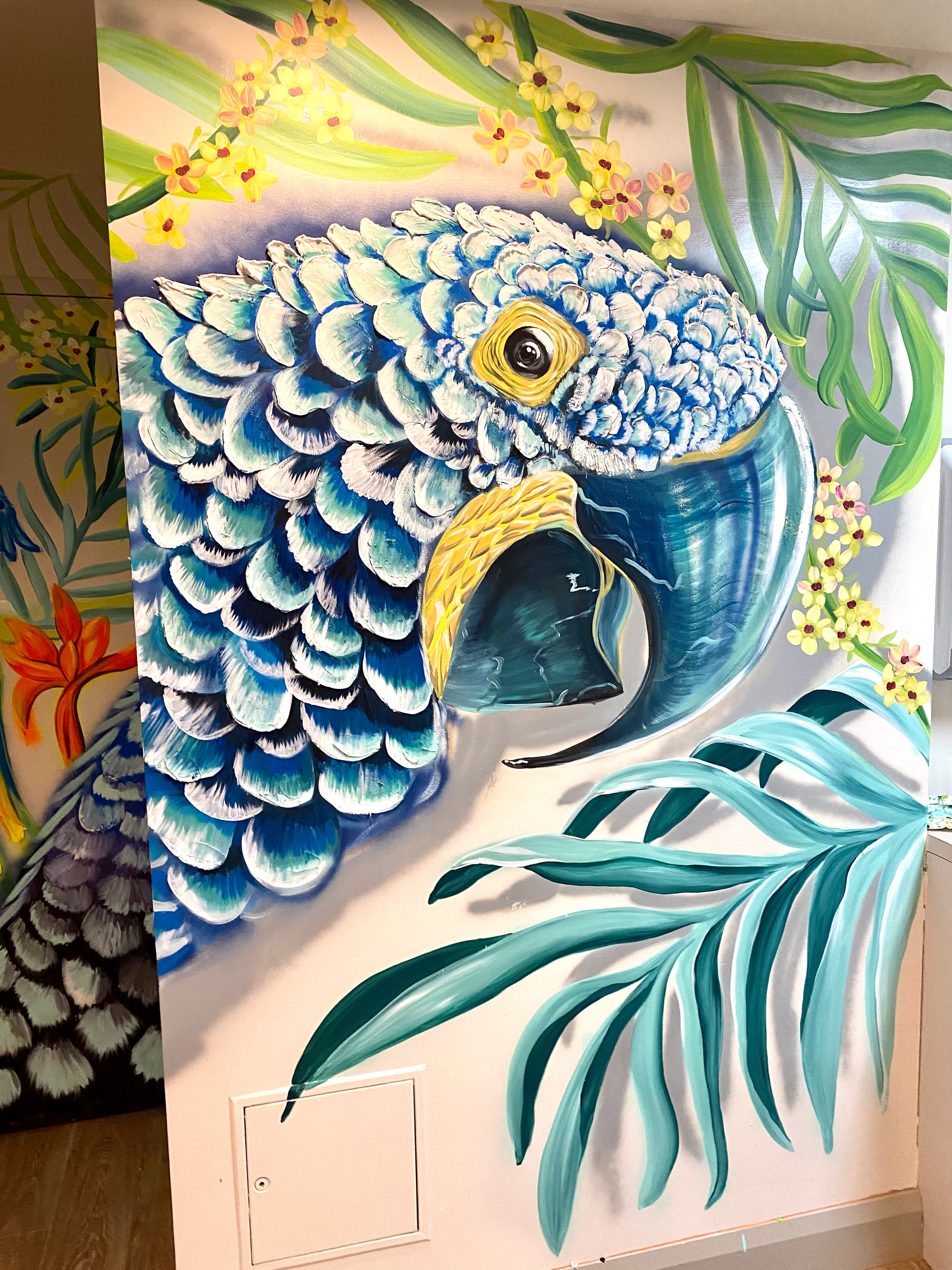 TROPICAL Mural BLUE MACAU PARROT with texture elements