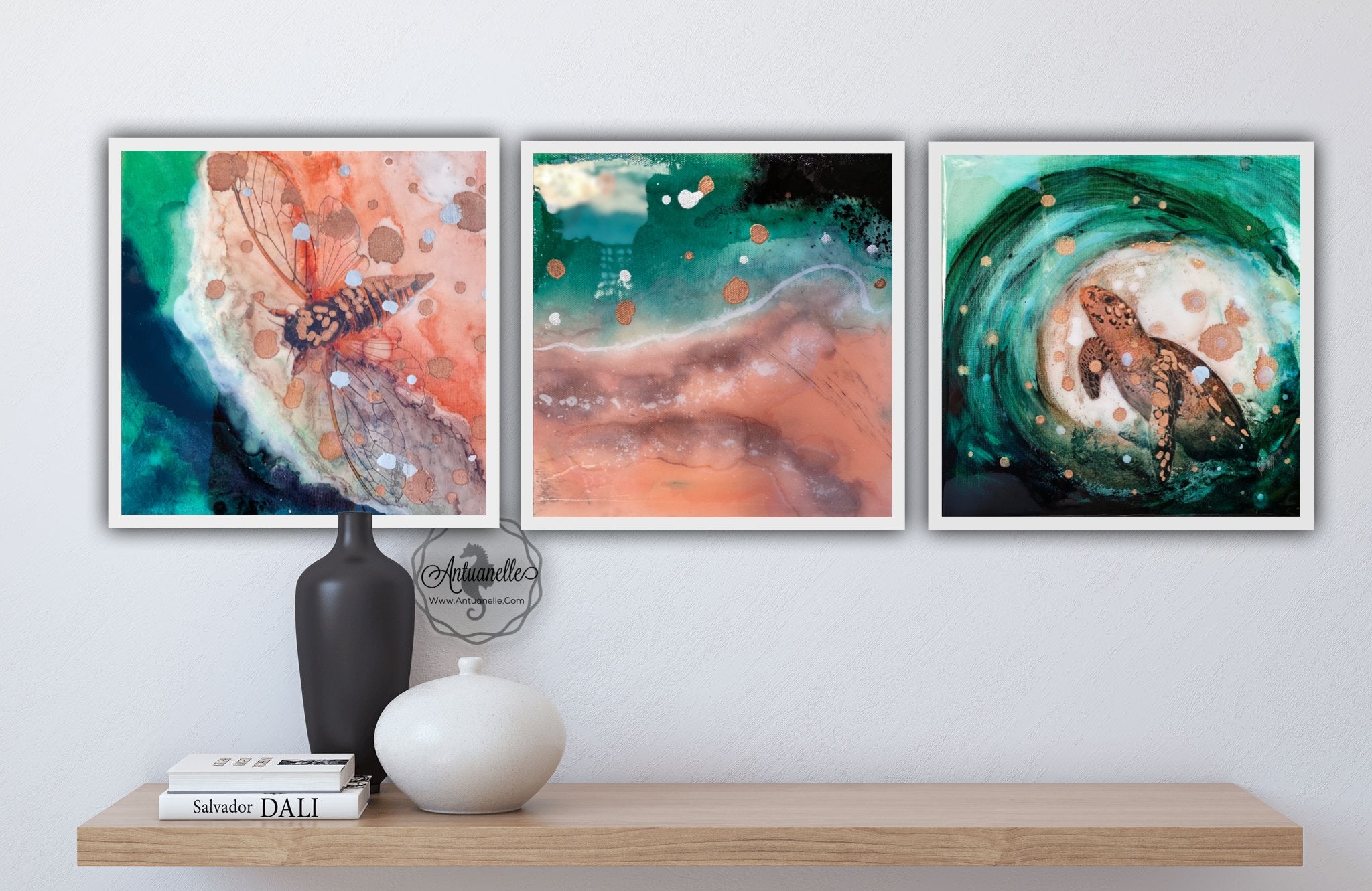 Close to Extinction Bright set of 3 - Sea Turtle and Cicada Ocean Art - Gallery Wall