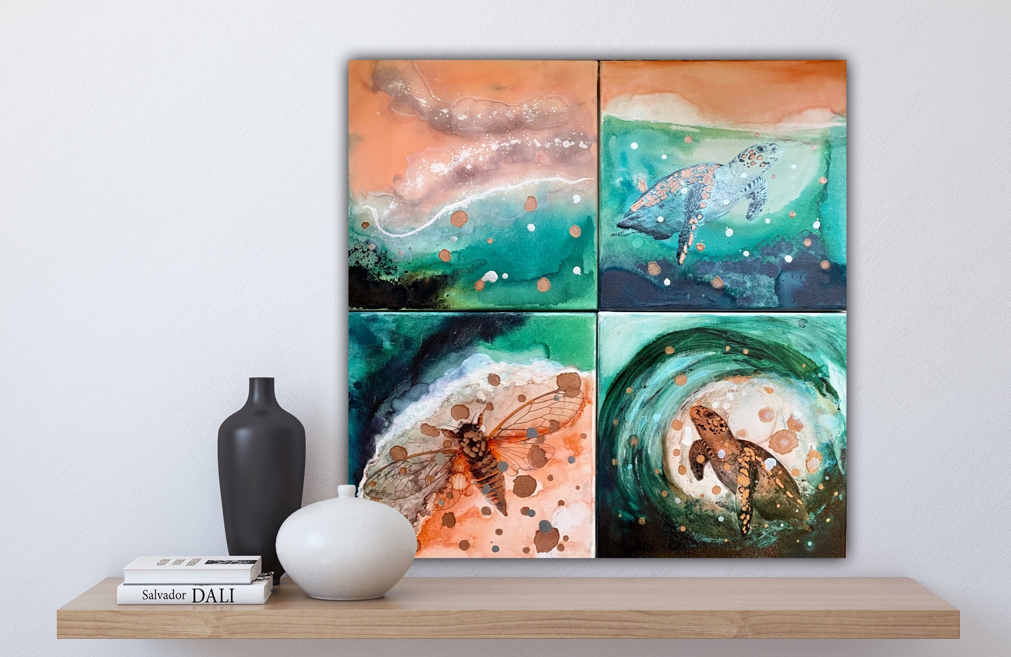 Close to Extinction Bright set of 4 - Ocean Turtle Cicada Original Art- Gallery Wall