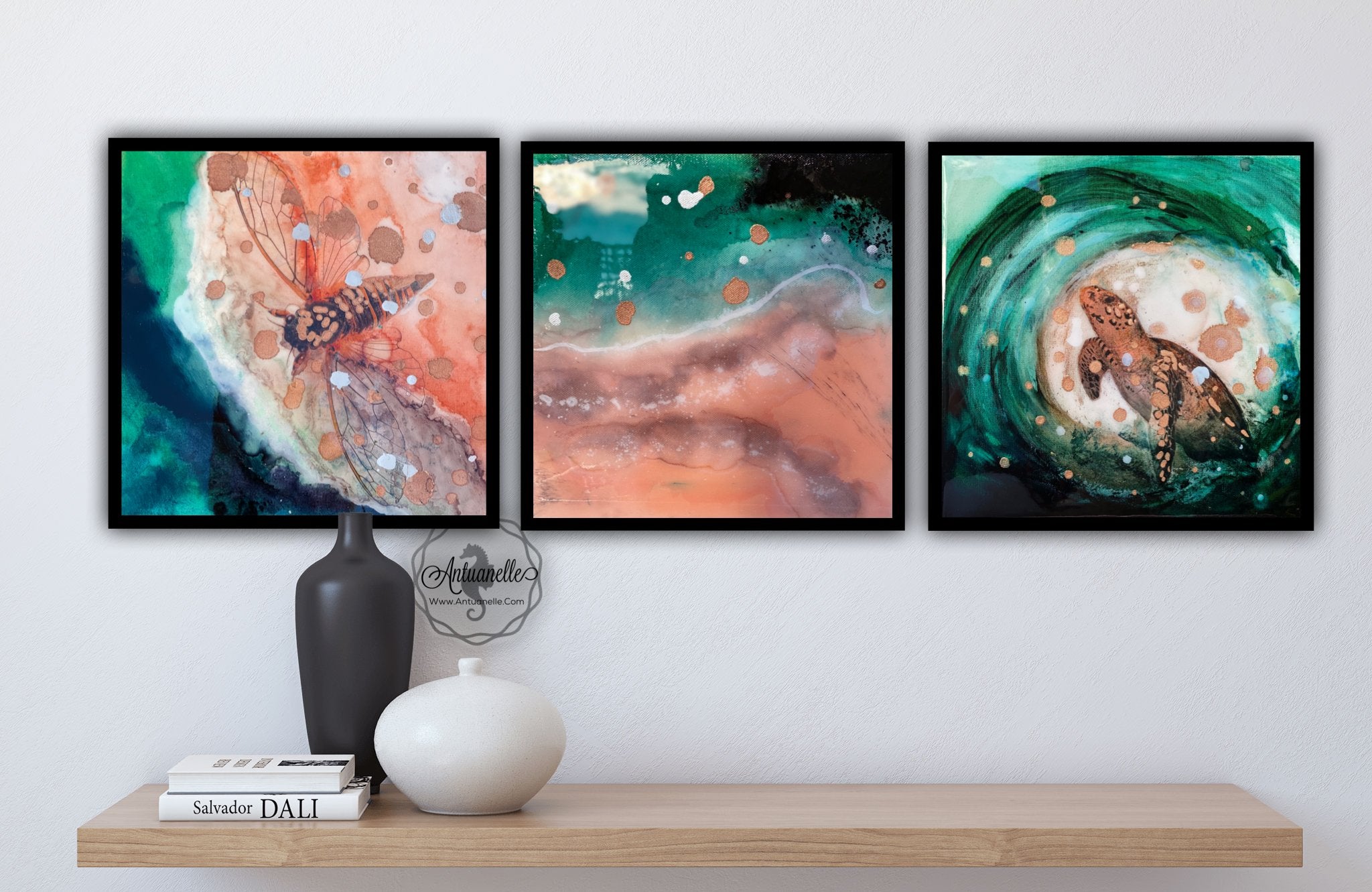 Close to Extinction Bright set of 3 - Sea Turtle and Cicada Ocean Art - Gallery Wall