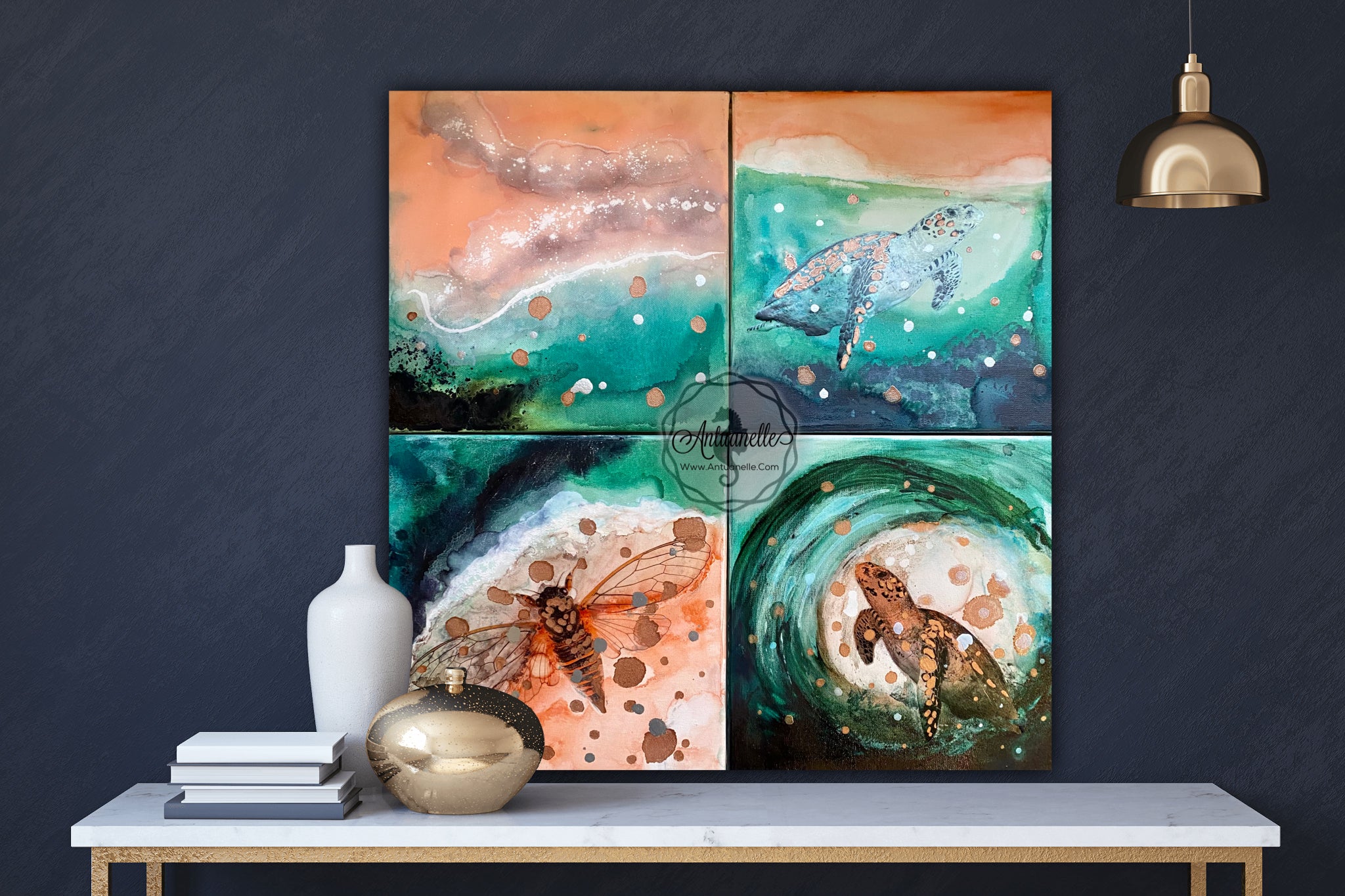 Close to Extinction Bright set of 4 - Ocean Turtle Cicada Original Art- Gallery Wall