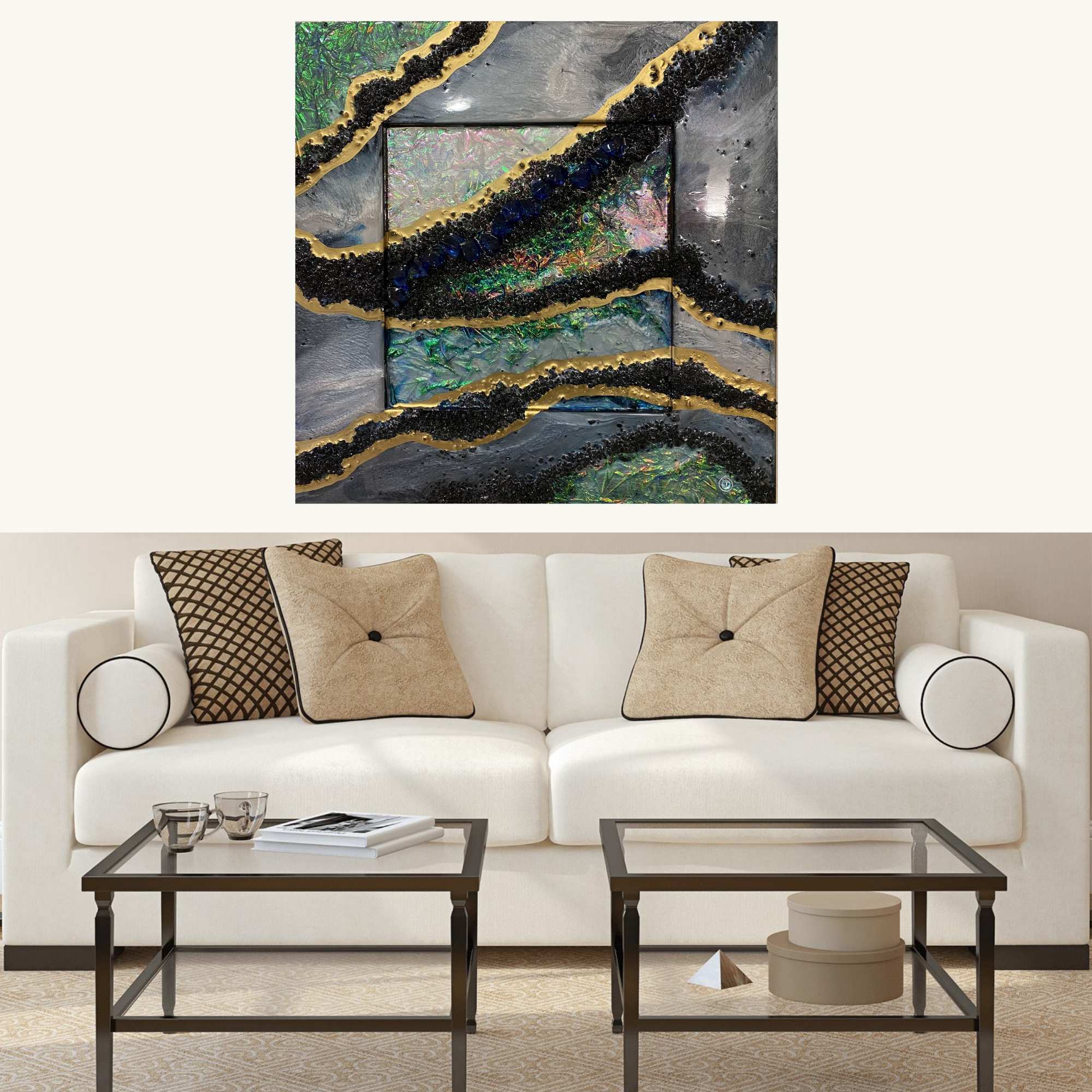 Black and Gold Opal with holographic effect on mirror set of 2. COMMISSION