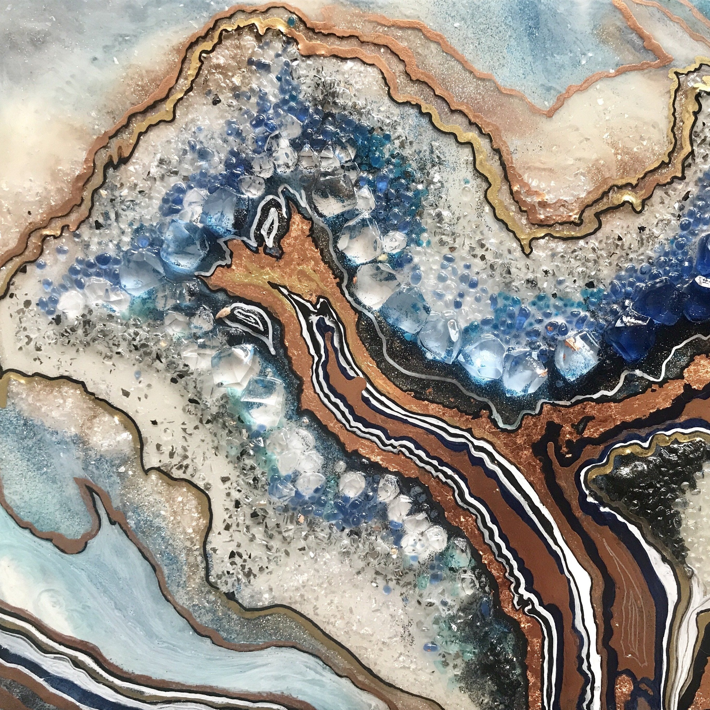 Gold and Blue Abstract. Crystal Geode. Amazonite Antuanelle. 3 Crystal. Original Artwork