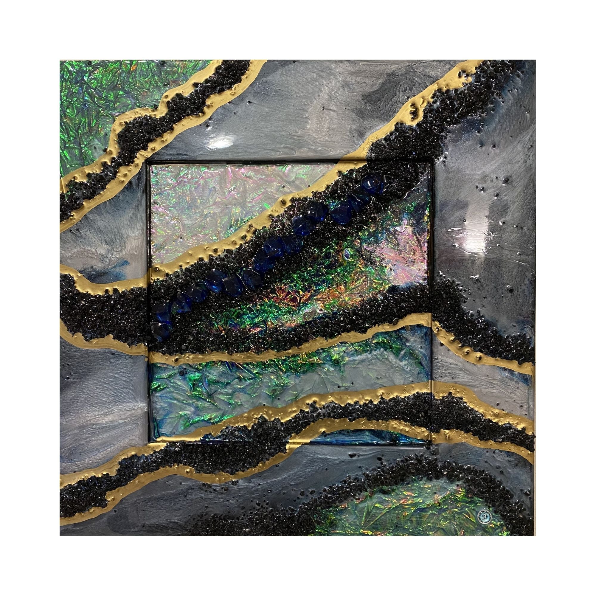 Black and Gold Opal with holographic effect on mirror set of 2. COMMISSION