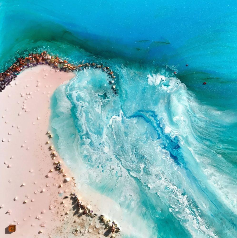 Teal and Blue Artwork. Beach Inspired Abstract piece. Durdle Door. Antuanelle 4 Coastal Abstract. Original Artwork with Amber Agate.
