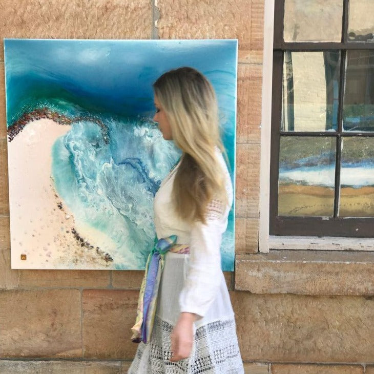 Teal and Blue Artwork. Beach Inspired Abstract piece. Durdle Door. Antuanelle 1 Coastal Abstract. Original Artwork with Amber Agate.