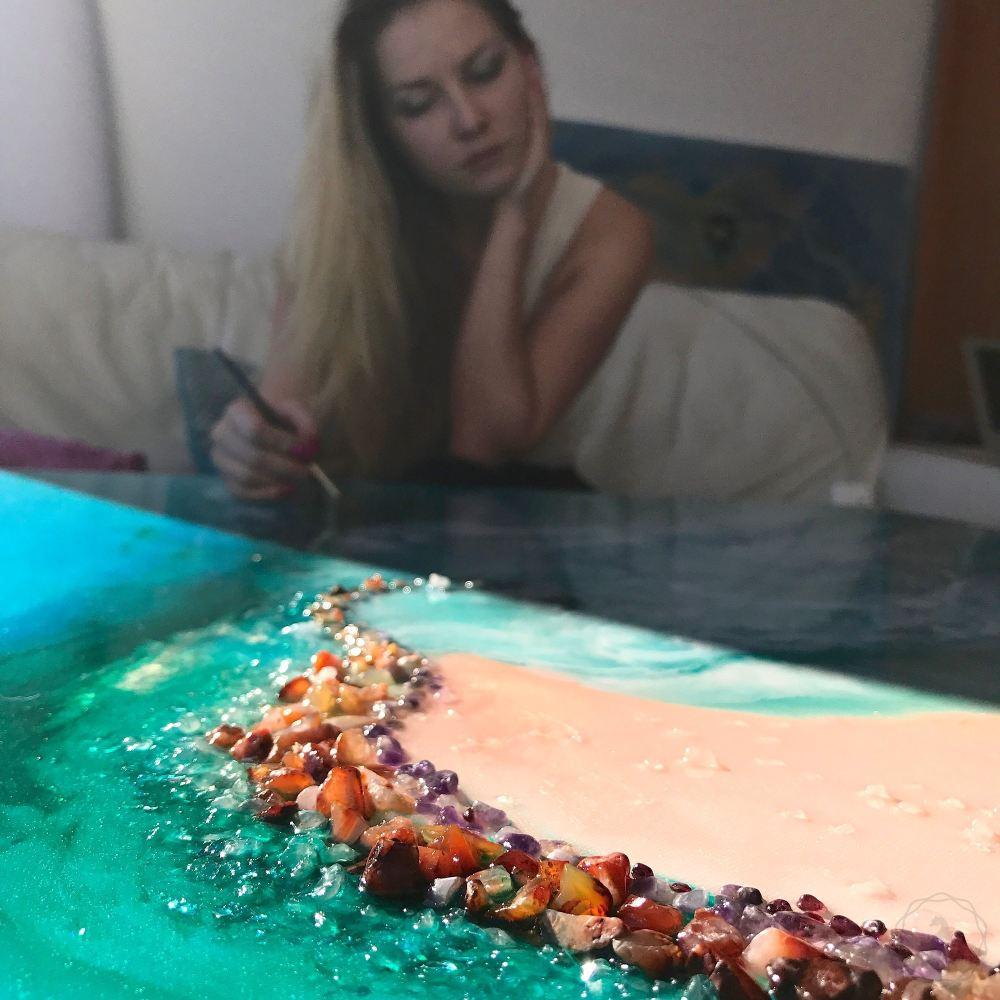 Teal and Blue Artwork. Beach Inspired Abstract piece. Durdle Door. Antuanelle 5 Coastal Abstract. Original Artwork with Amber Agate.