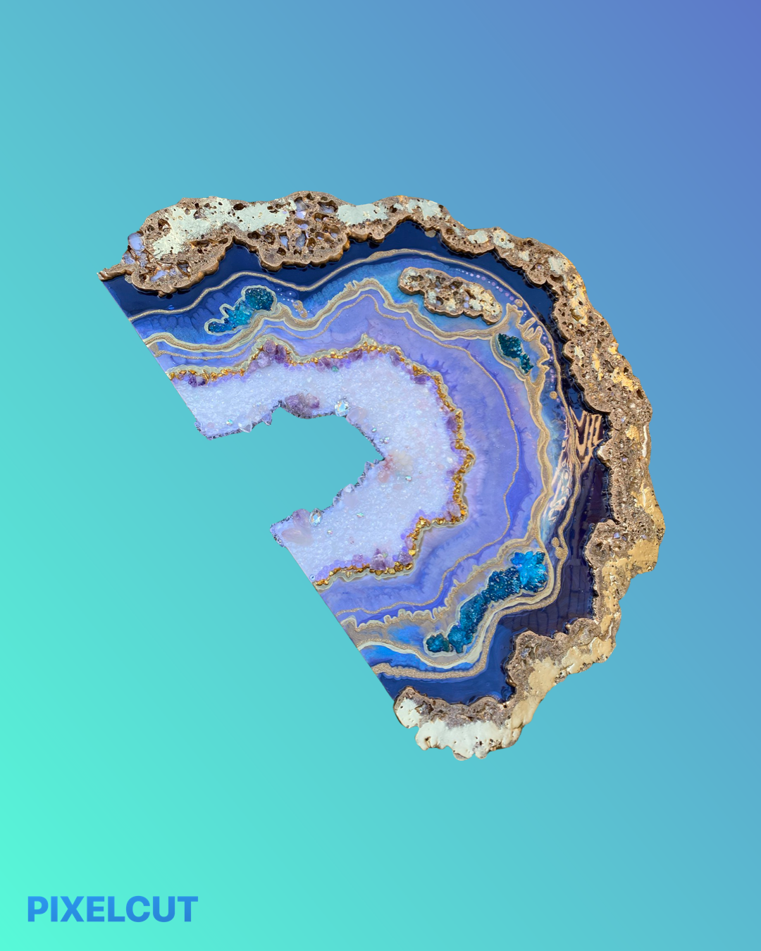 Amethyst Torus Geode. Freeform Purple and Gold Geode Gemstone Artwork with Amethysts