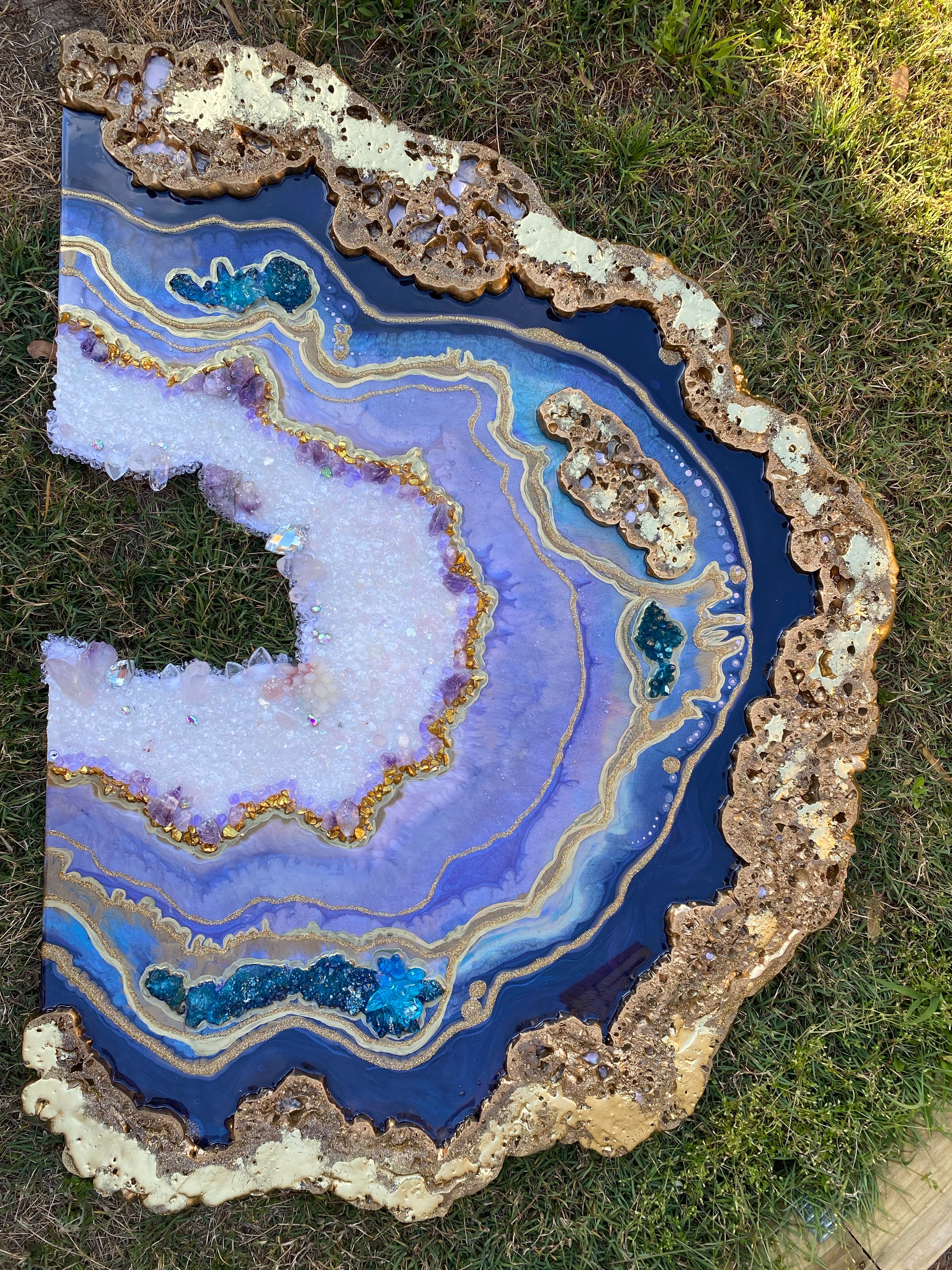 Amethyst Torus Geode. Freeform Purple and Gold Geode Gemstone Artwork with Amethysts