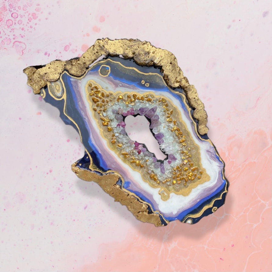 Amethyst Torus Geode. Freeform Purple and Gold Geode Gemstone Artwork with Amethysts