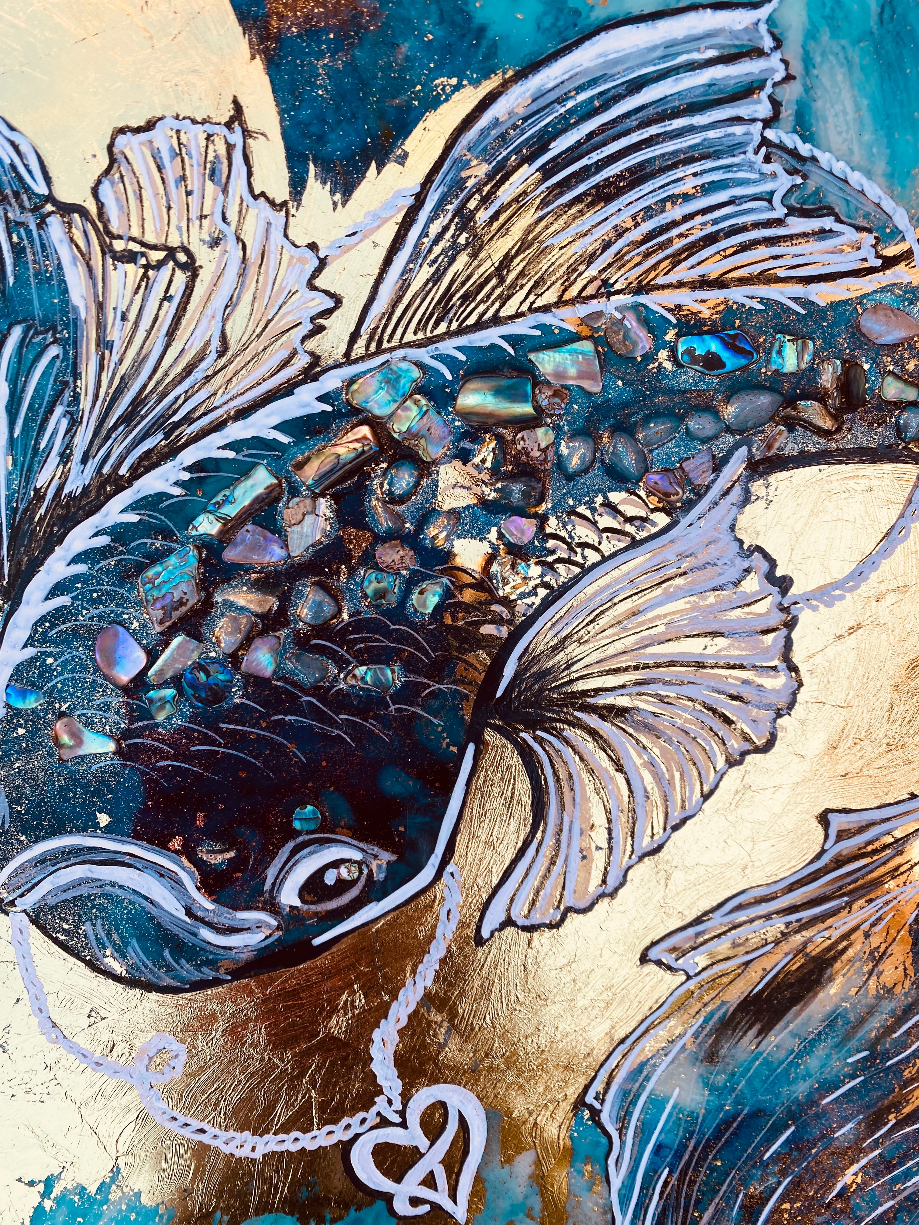 Blue Fish Artwork. Beta Fighter Fish. Abalone shells in Gold