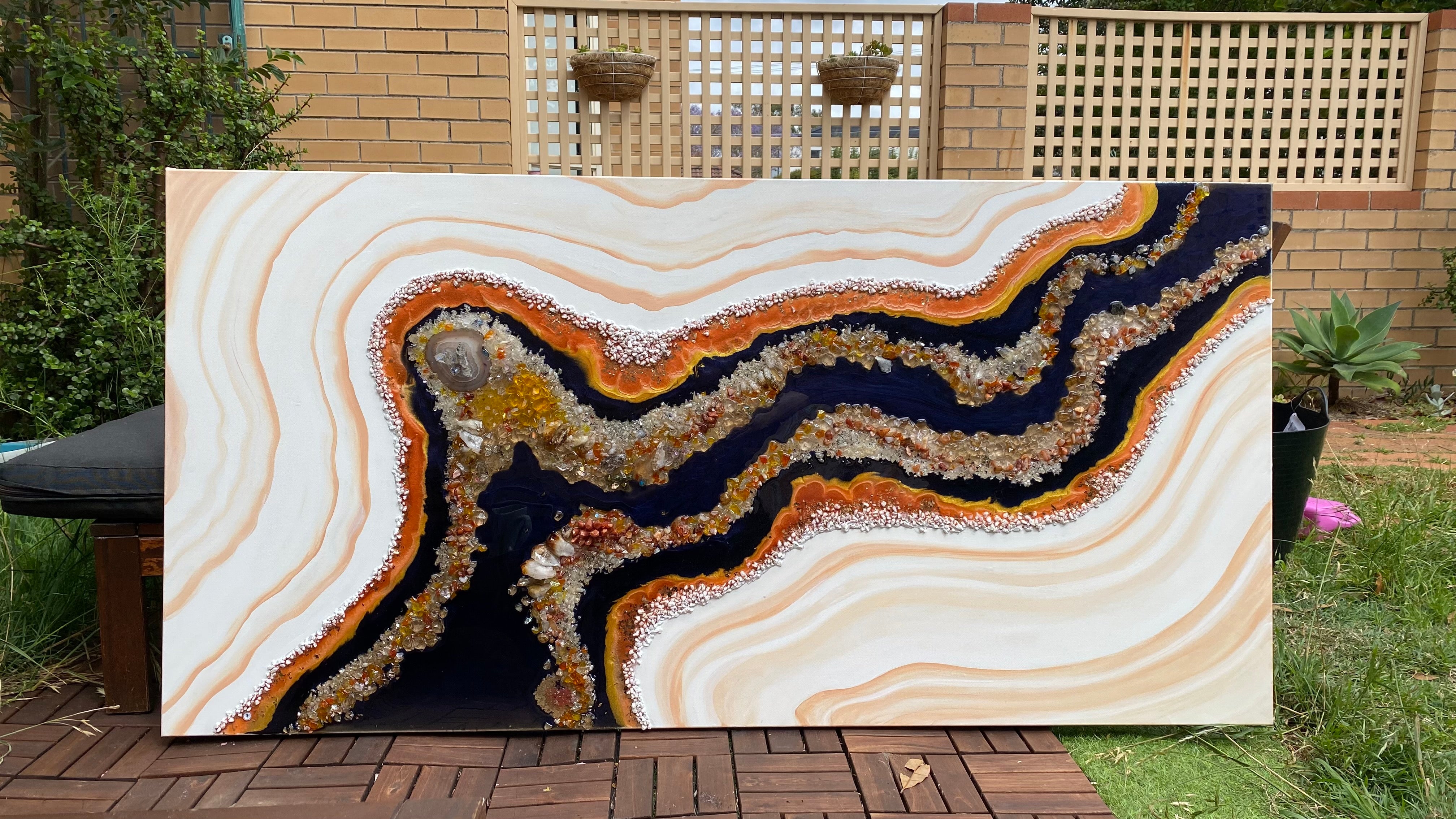 Golden Citrine. Copper and Navy Geode Gemstone Artwork with natural Citrine