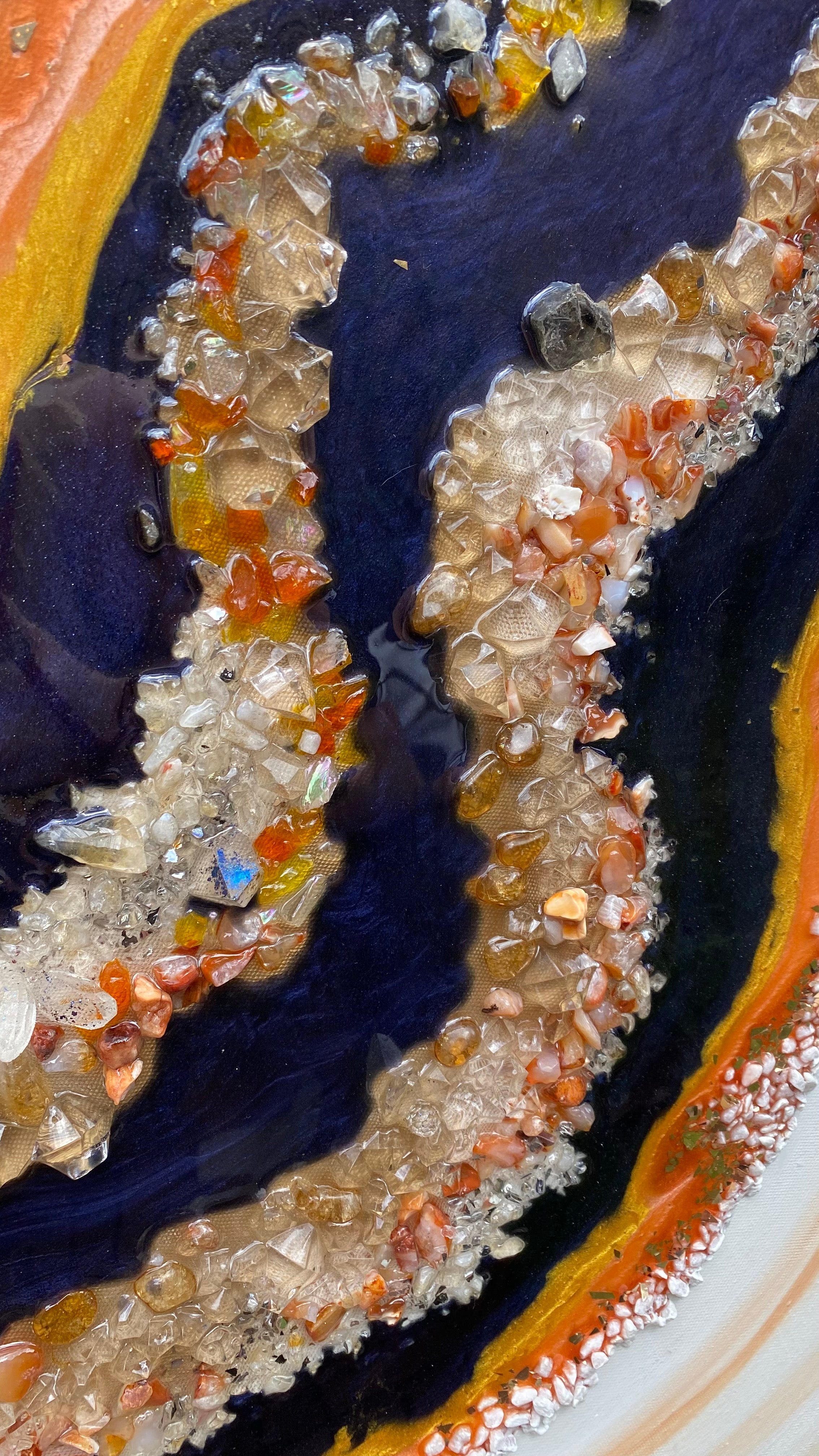 Golden Reef Orange Navy Crystal Reef Artwork with natural Citrine 150x75cm