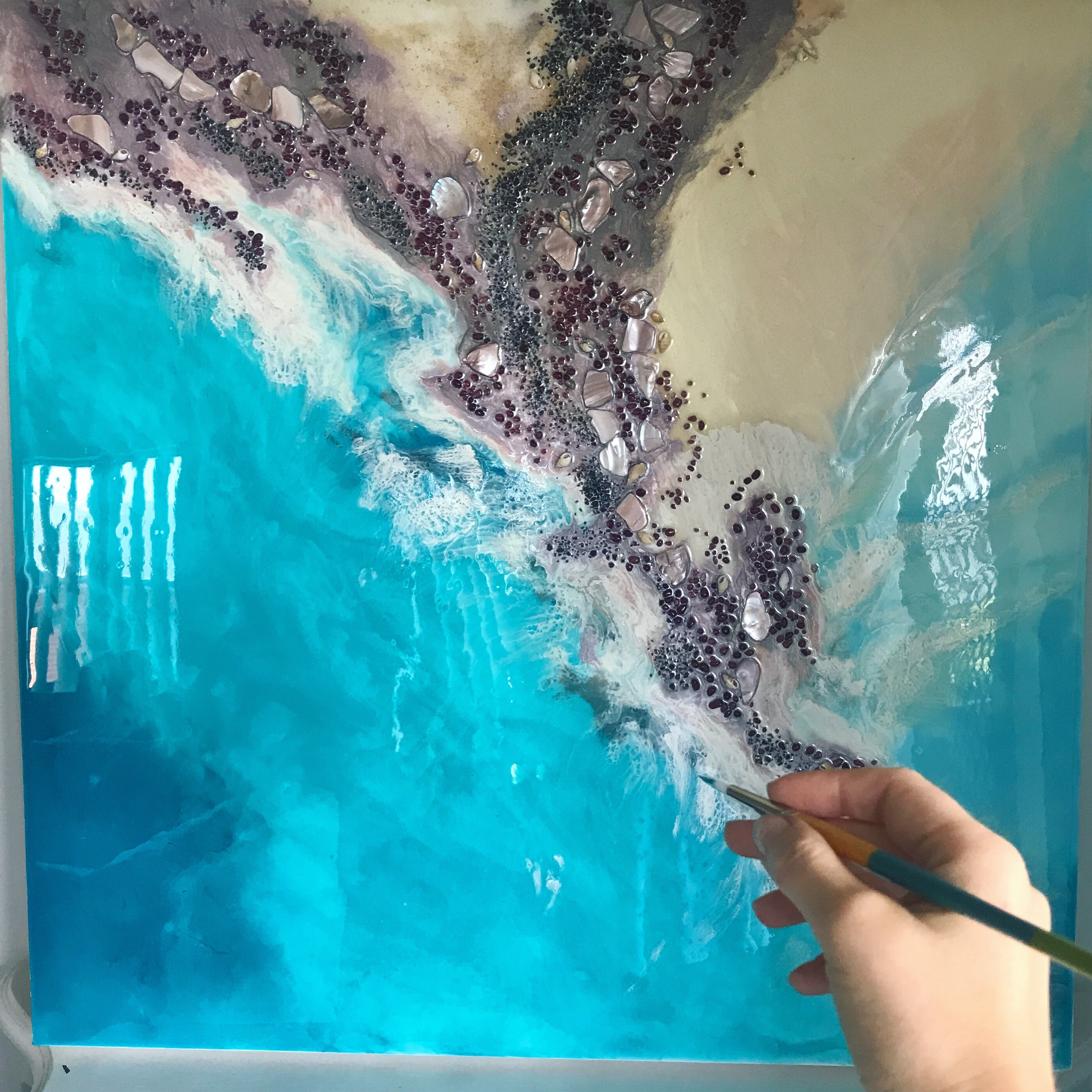 Teal Blue Ocean Wave. Byron Bay Magic. Original Artwork. Antuanelle 7 Magic with Mussels and Garnet. Abstract Seascape 90x90cm