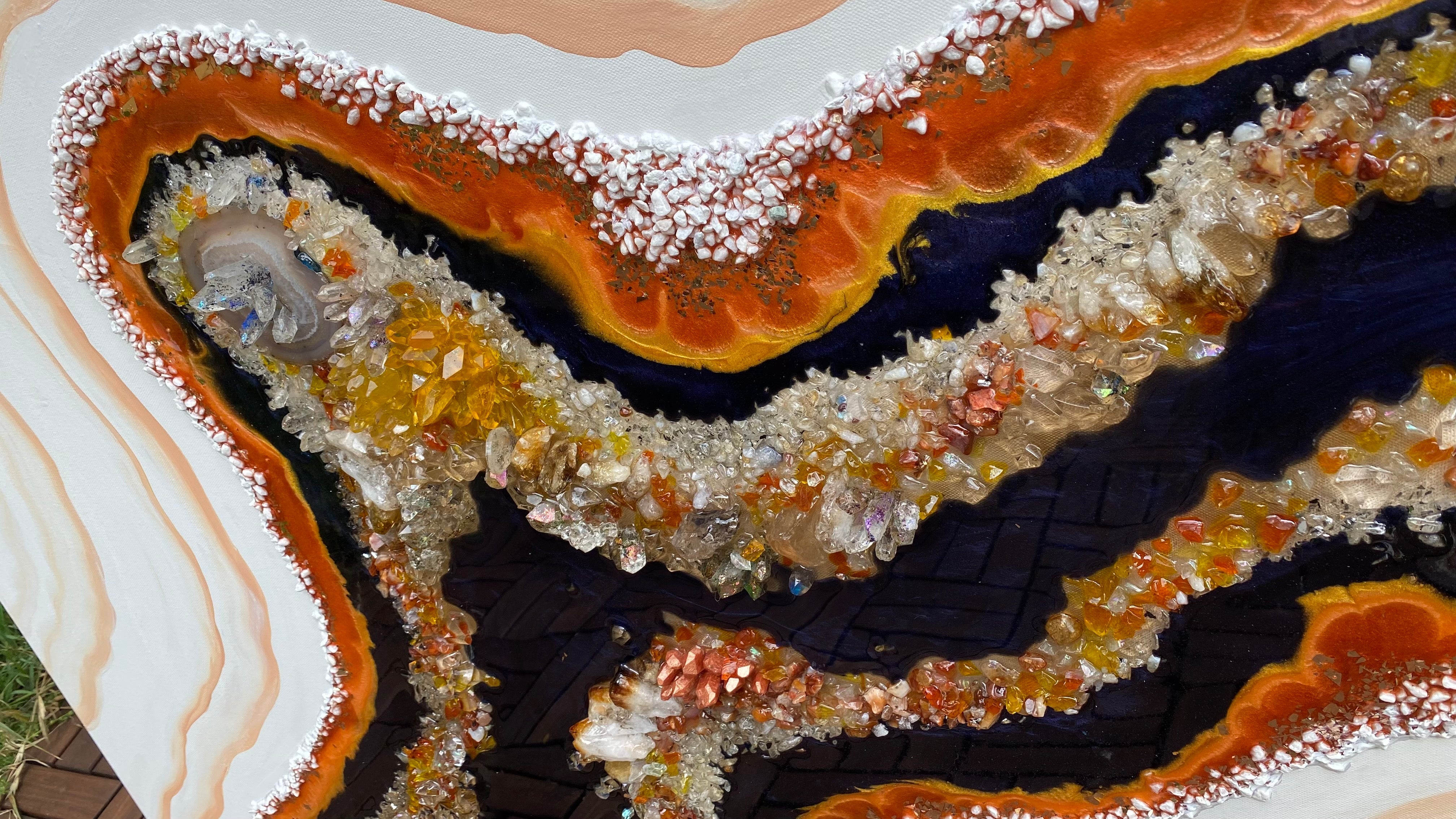Golden Reef Orange Navy Crystal Reef Artwork with natural Citrine 150x75cm