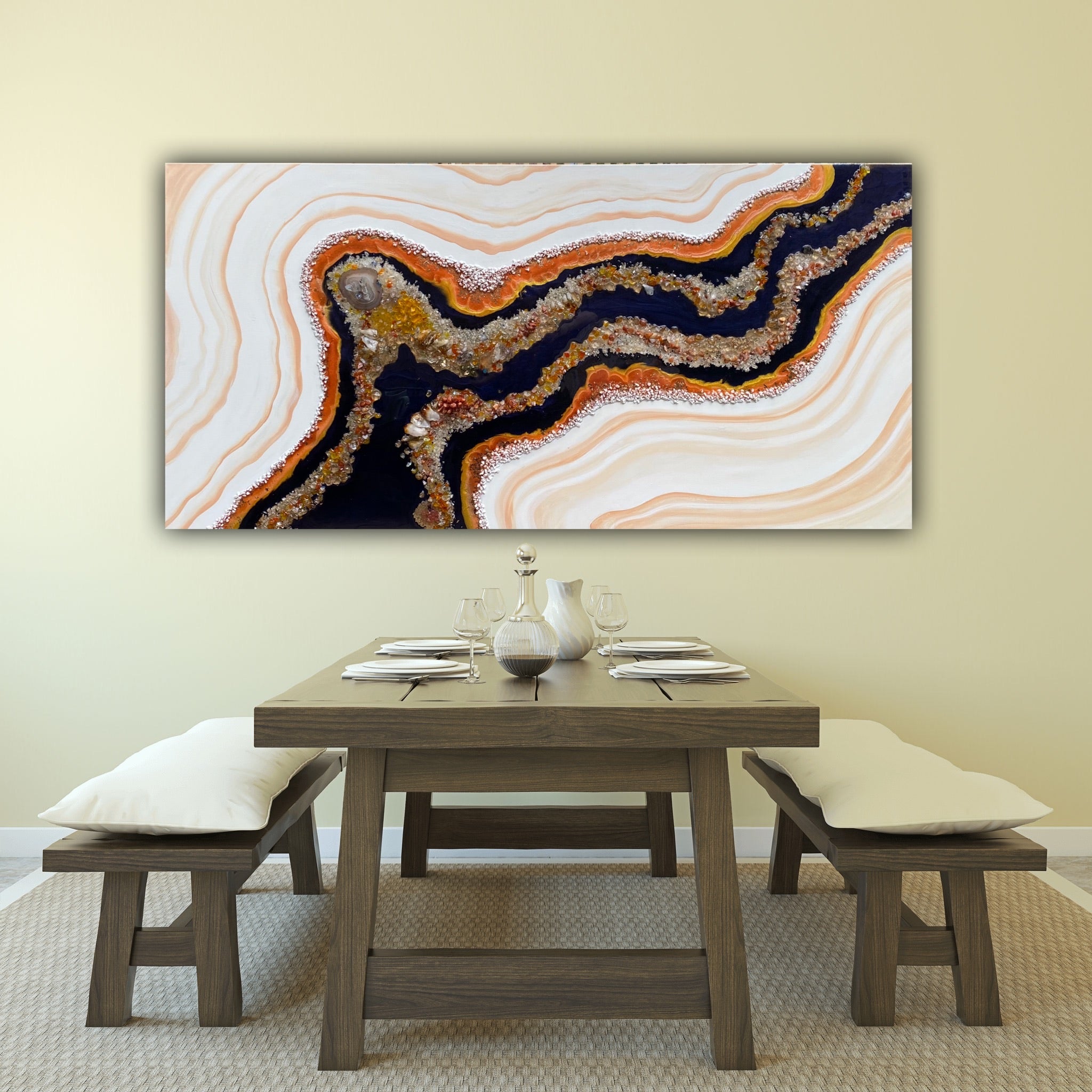 Golden Citrine. Copper and Navy Geode Gemstone Artwork with natural Citrine