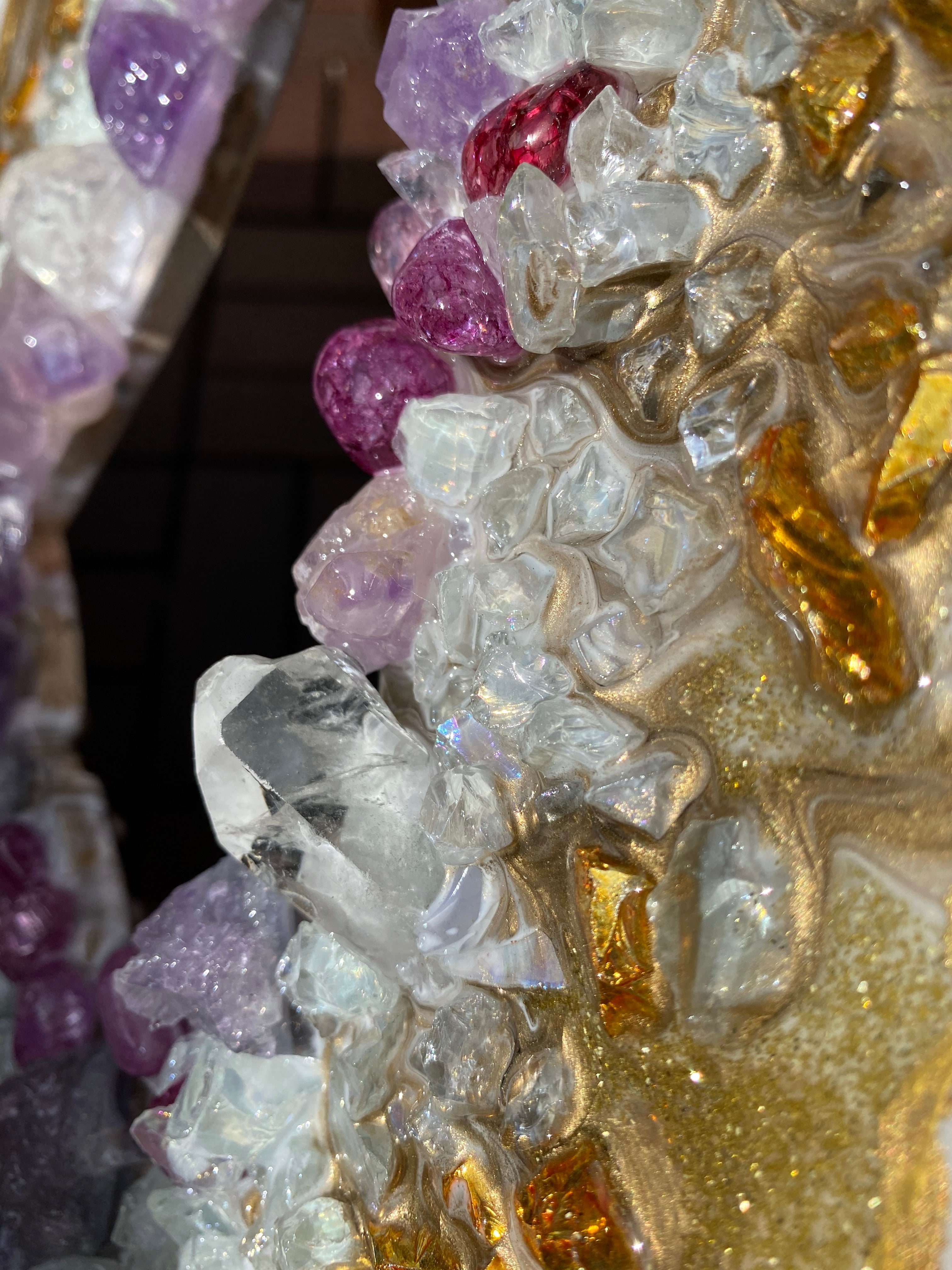 Amethyst Torus Geode. Freeform Purple and Gold Geode Gemstone Artwork with Amethysts