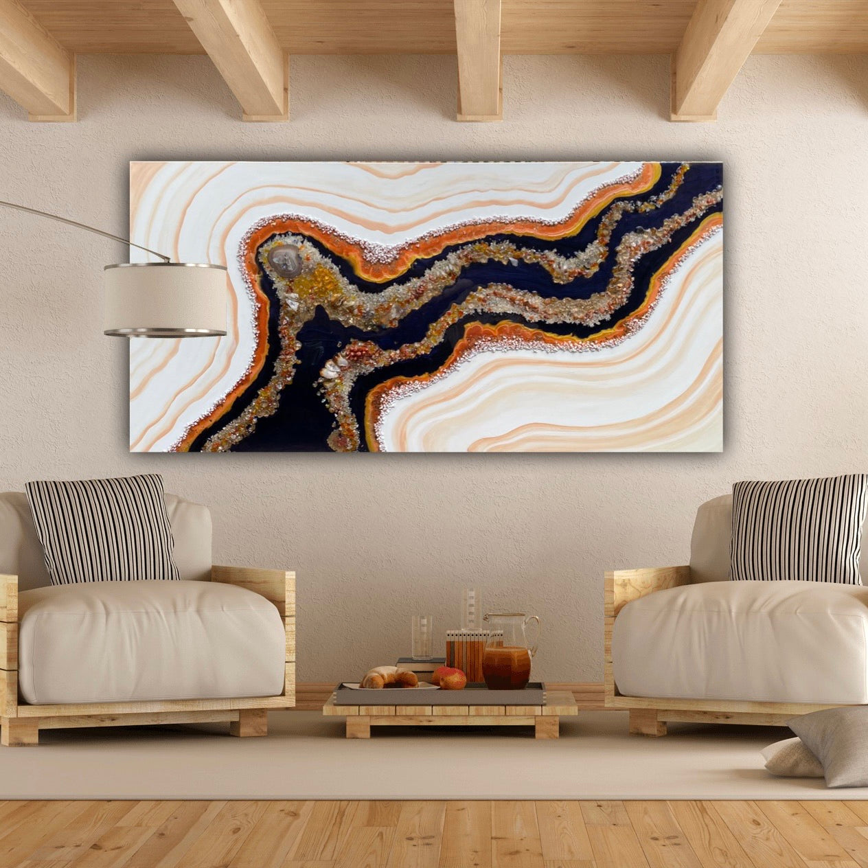 Golden Reef Orange Navy Crystal Reef Artwork with natural Citrine 150x75cm