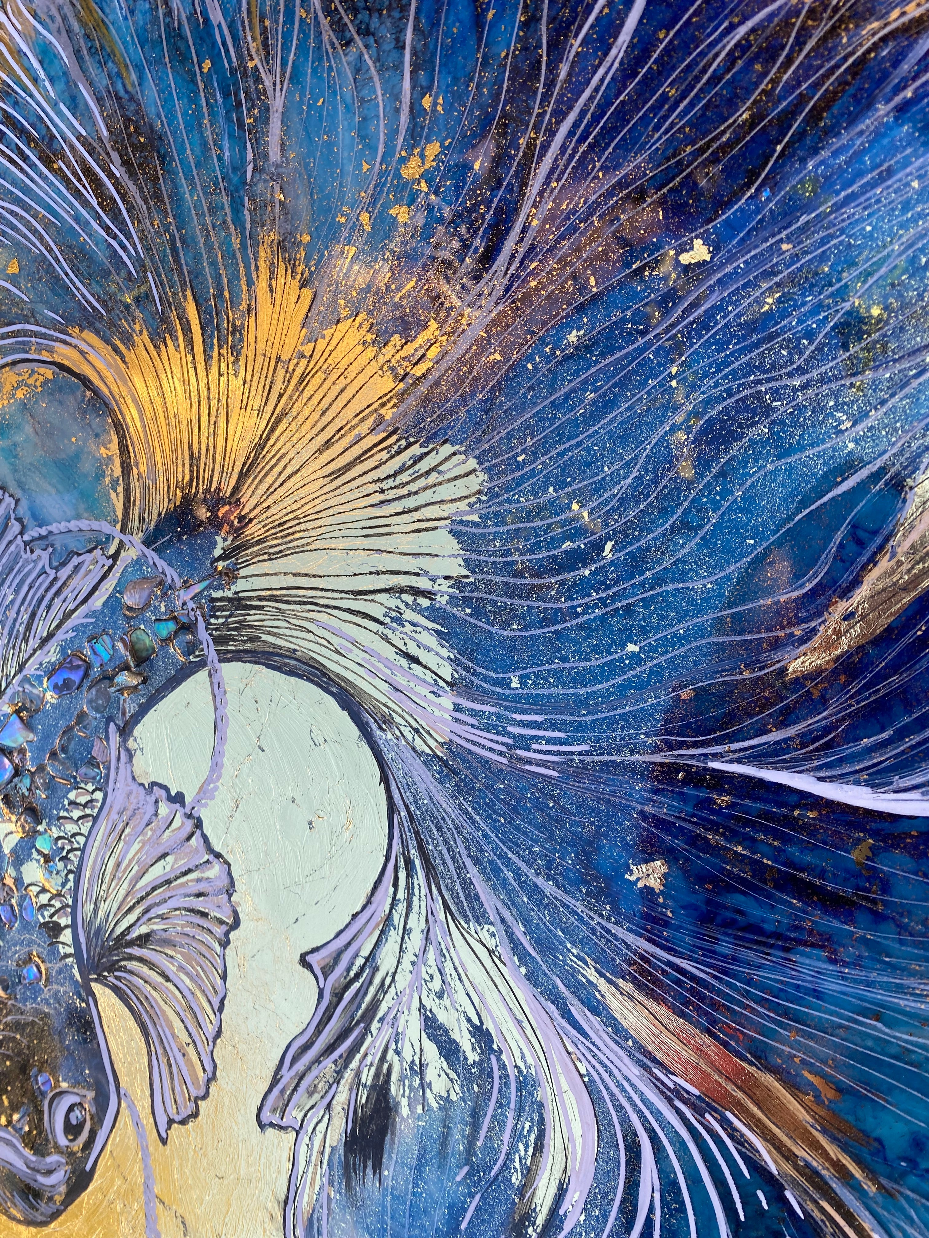 Blue Fish Artwork. Beta Fighter Fish. Abalone shells in Gold