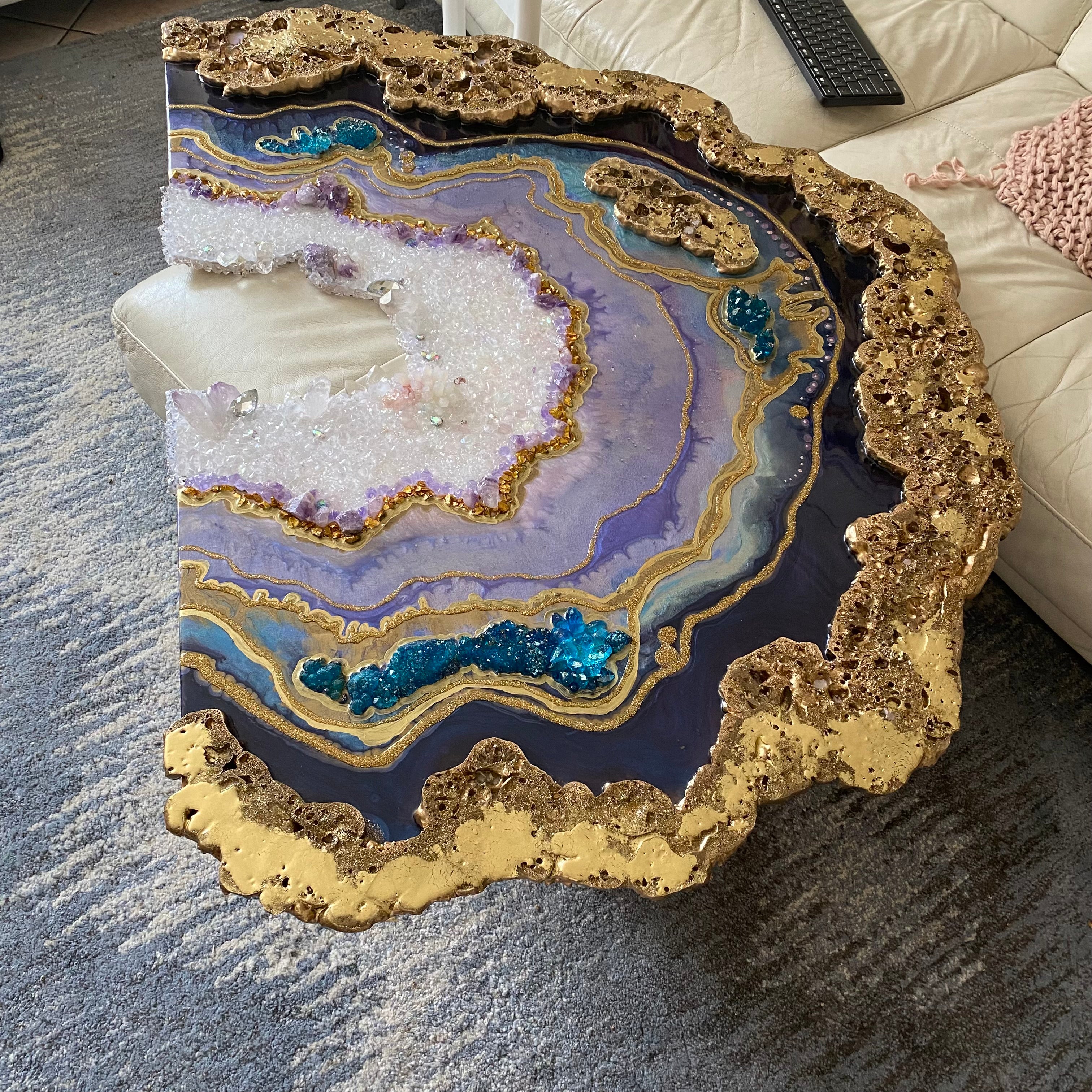 Amethyst Torus Geode. Freeform Purple and Gold Geode Gemstone Artwork with Amethysts