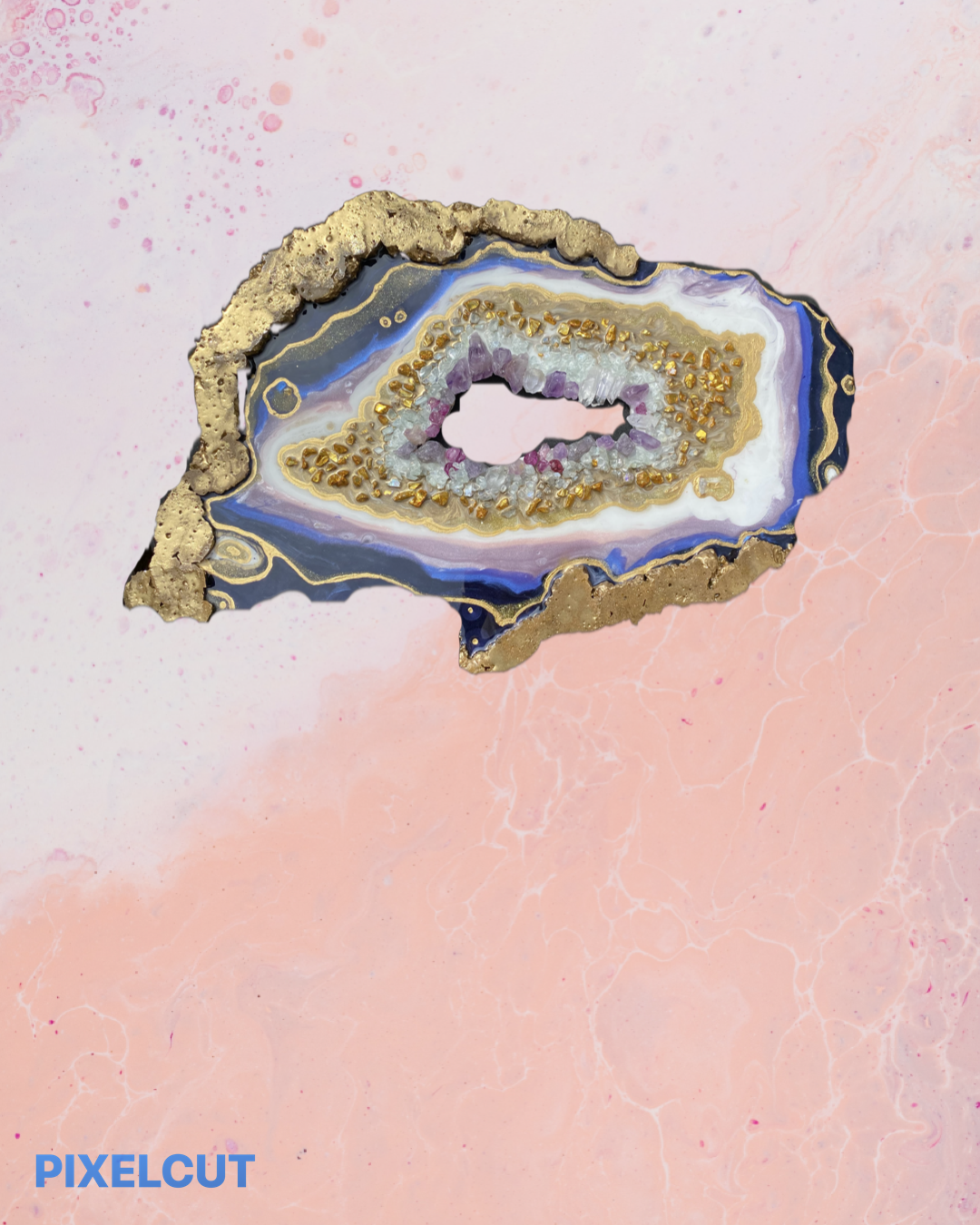 Amethyst Torus Geode. Freeform Purple and Gold Geode Gemstone Artwork with Amethysts